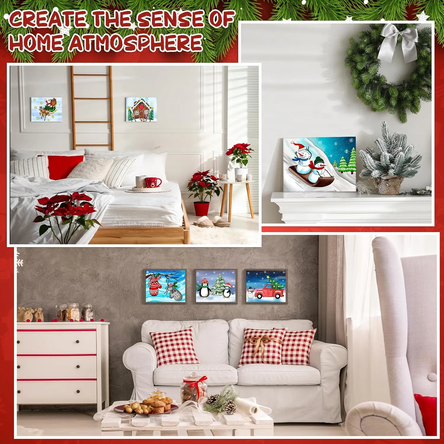COCHIE 6 Pack 8x10 Inches Christmas Pre Drawn Canvas to Paint for Sip and Paint Party, X-mas Pre Printed Canvases, Peppermint Candy House Snowman Pre Sketched Canvas for Painting for Adults, Kids
