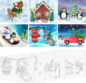 COCHIE 6 Pack 8x10 Inches Christmas Pre Drawn Canvas to Paint for Sip and Paint Party, X-mas Pre Printed Canvases, Peppermint Candy House Snowman Pre Sketched Canvas for Painting for Adults, Kids