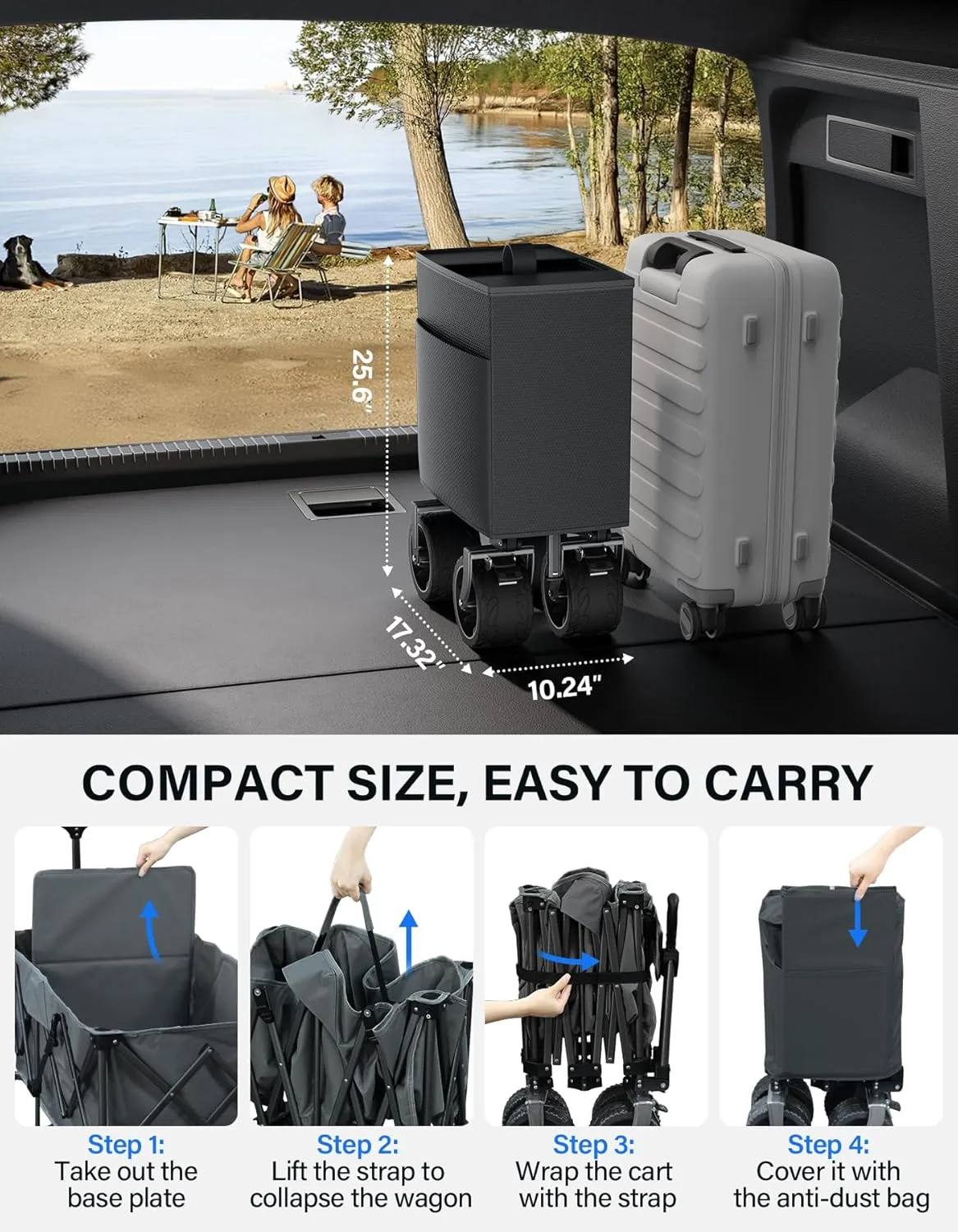 Collapsible Wagon, 440lbs Wagons Carts Foldable with Big Wheels, Heavy Duty Utility Folding Wagon for Garden Camping Grocery Beach-Dark Gray