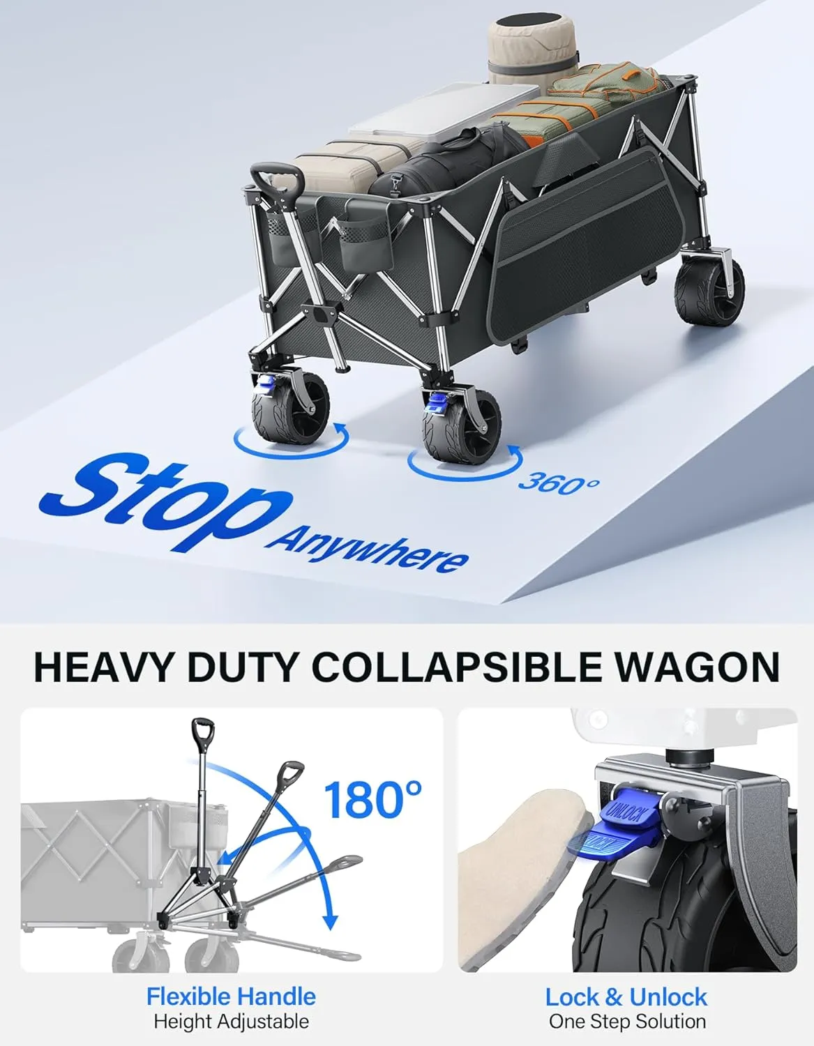 Collapsible Wagon, 440lbs Wagons Carts Foldable with Big Wheels, Heavy Duty Utility Folding Wagon for Garden Camping Grocery Beach-Dark Gray
