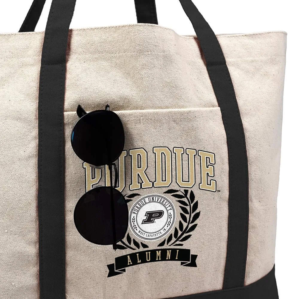 Collegiate Alumni Seal Canvas Tote Bag With External Pocket, Reusable Shoulder Bag for Shopping, Beach