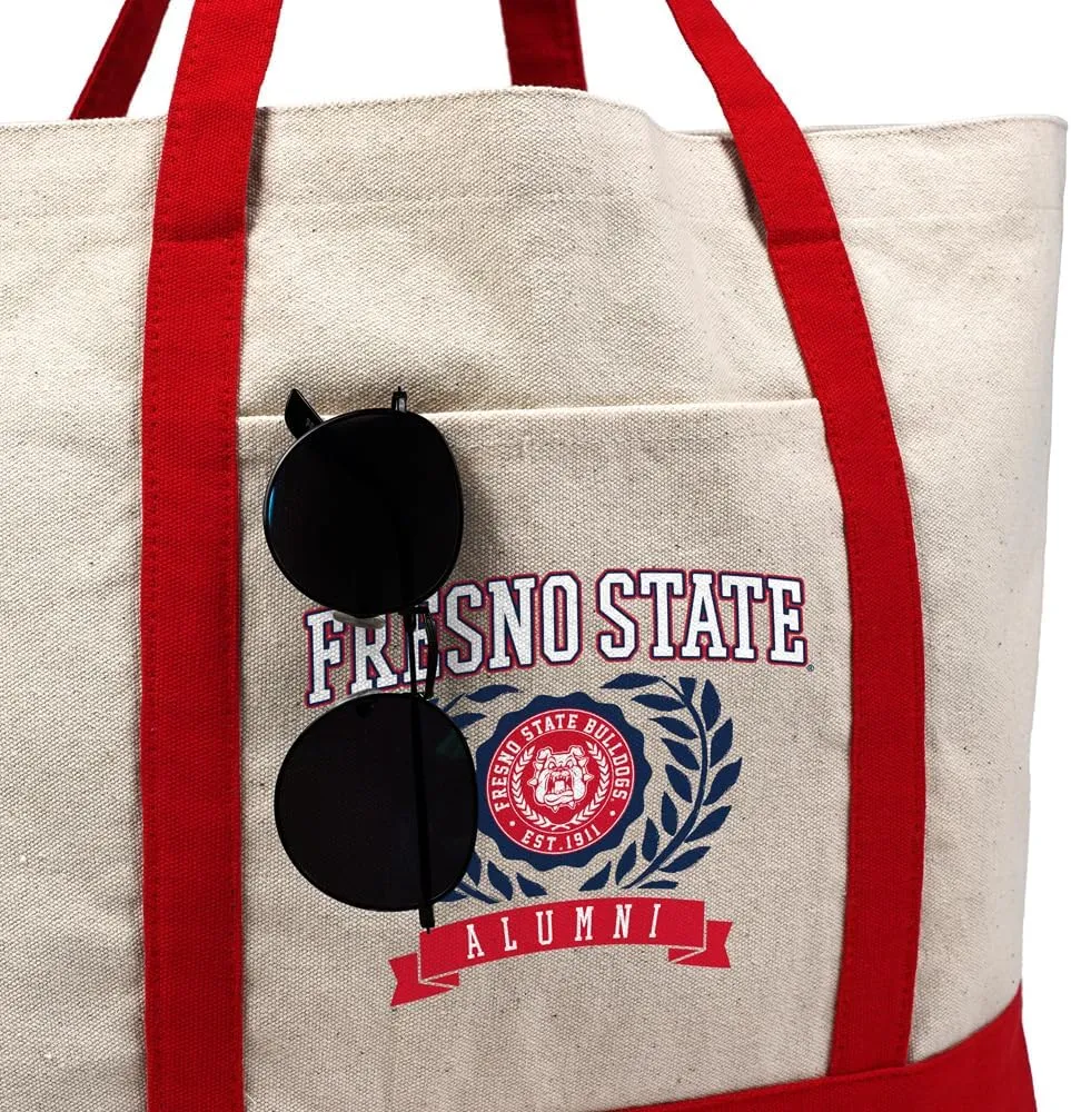Collegiate Alumni Seal Canvas Tote Bag With External Pocket, Reusable Shoulder Bag for Shopping, Beach