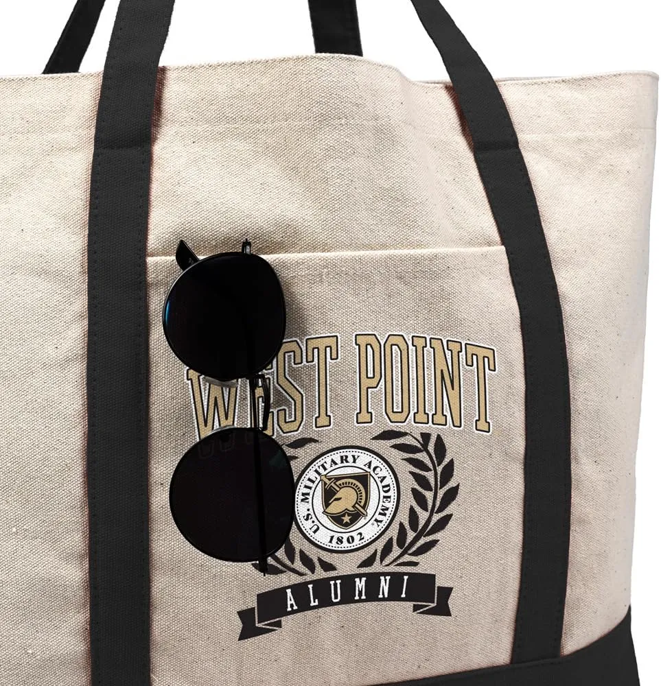 Collegiate Alumni Seal Canvas Tote Bag With External Pocket, Reusable Shoulder Bag for Shopping, Beach