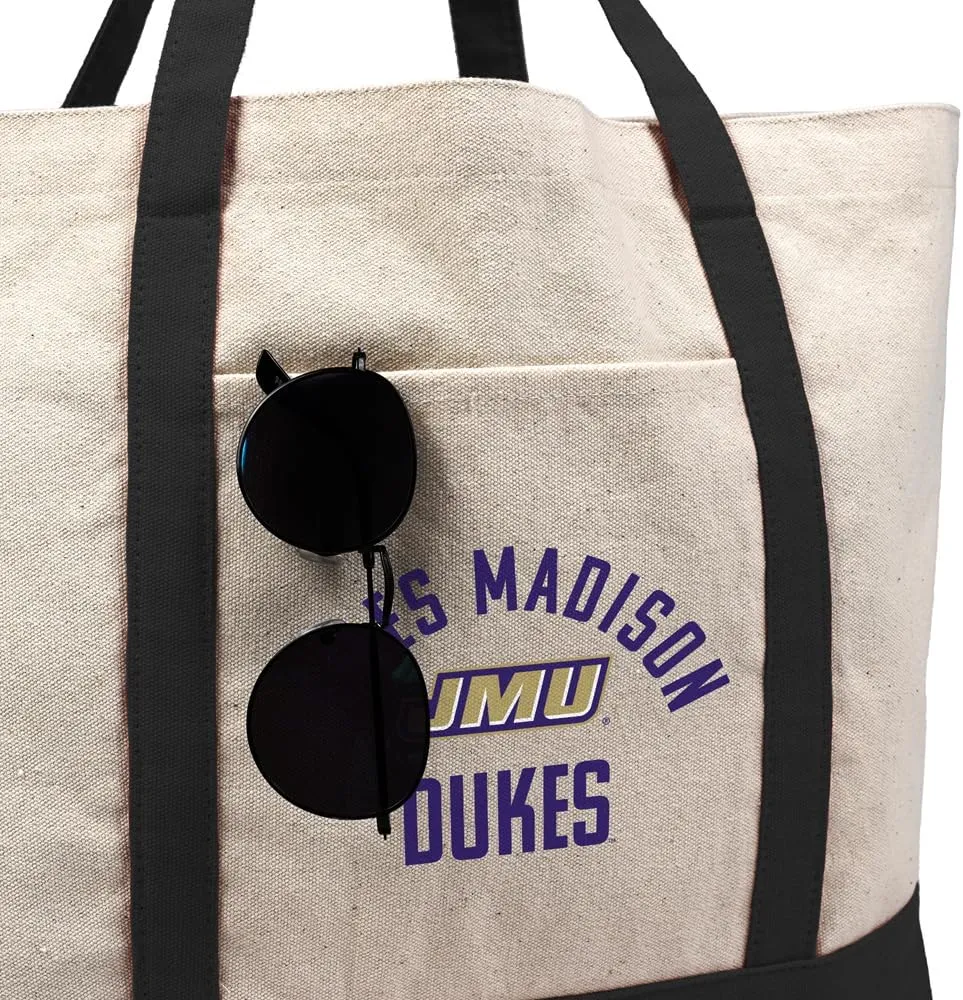 Collegiate Arched School Name Canvas Tote Bag With External Pocket, Reusable Shoulder Bag for Shopping, Beach
