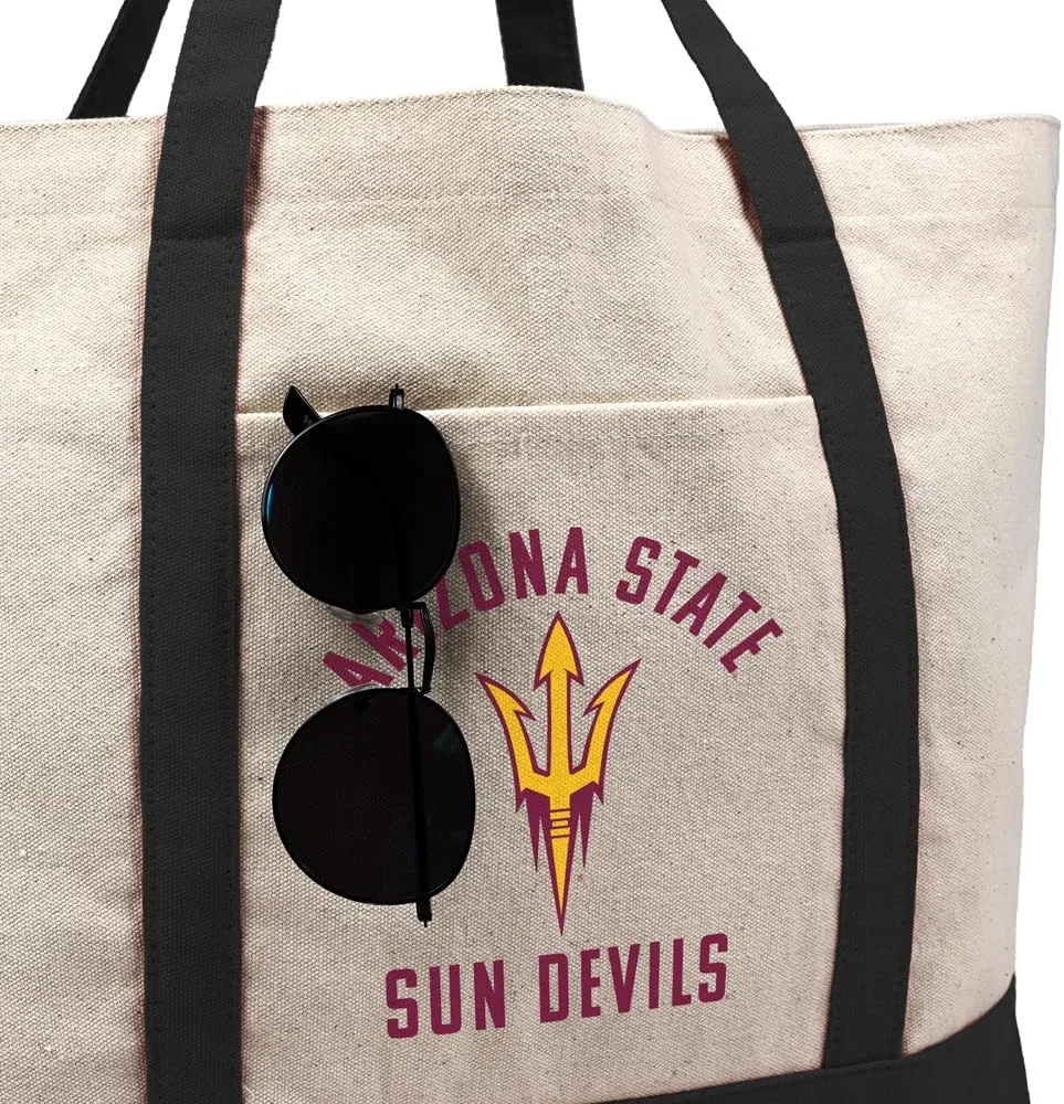Collegiate Arched School Name Canvas Tote Bag With External Pocket, Reusable Shoulder Bag for Shopping, Beach