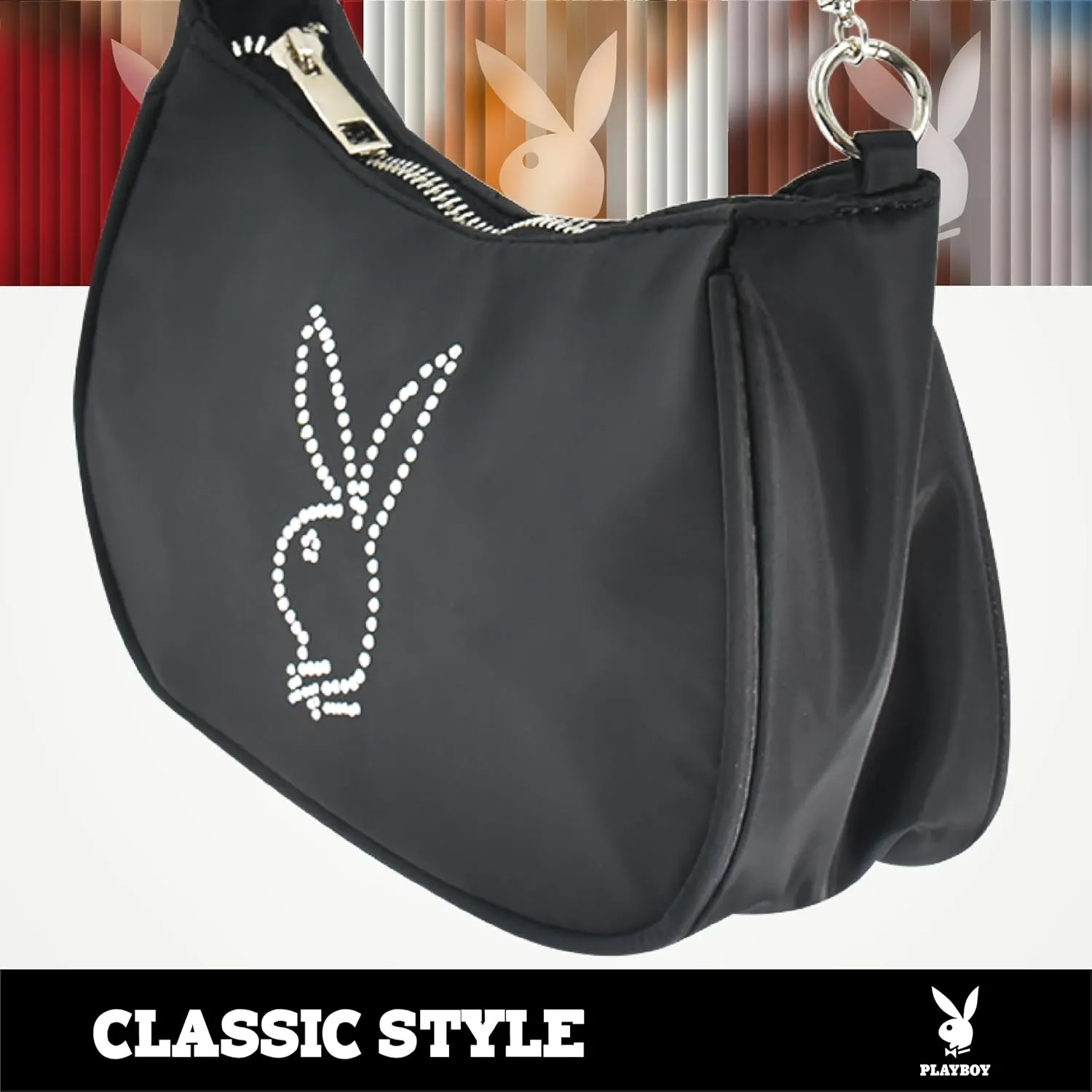 Concept One Playboy Shoulder Bag, Women's Purse Handbag with Rhinestone Carry Strap and Bunny Logo