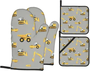 Construction Trucks Print Convenient Oven Mitts Pot Holders Set Duty Heat Resistant Gloves with Quilted Liner