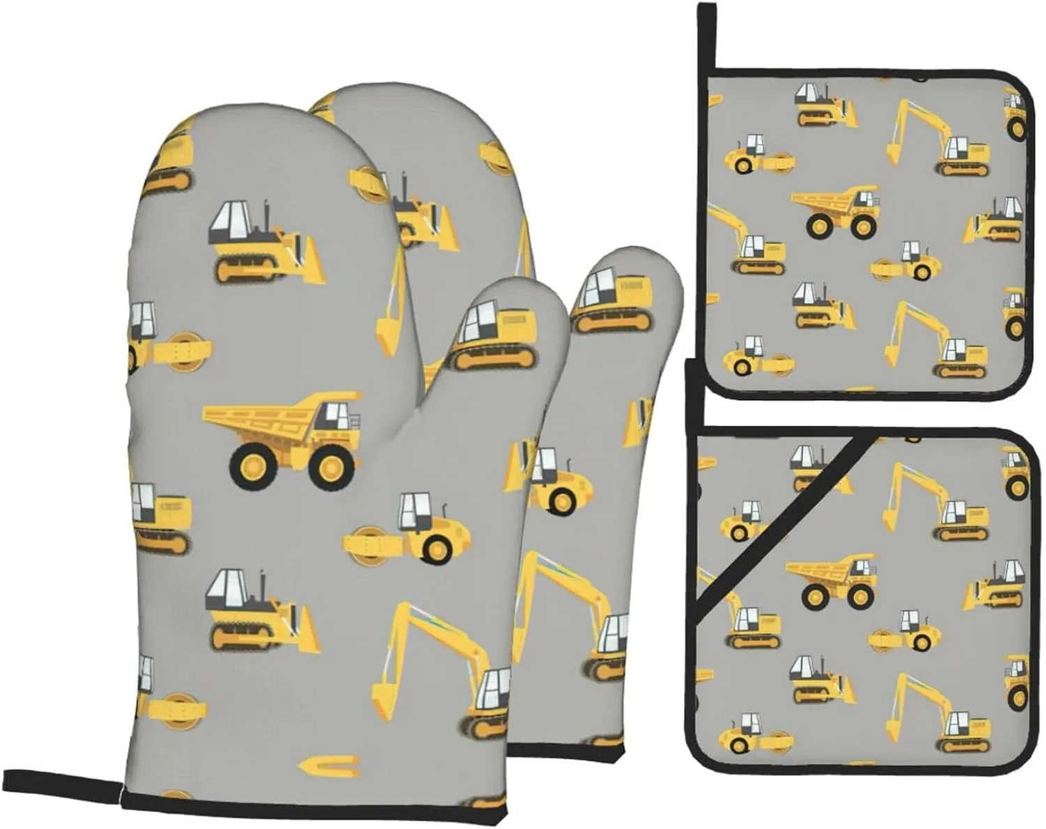 Construction Trucks Print Convenient Oven Mitts Pot Holders Set Duty Heat Resistant Gloves with Quilted Liner