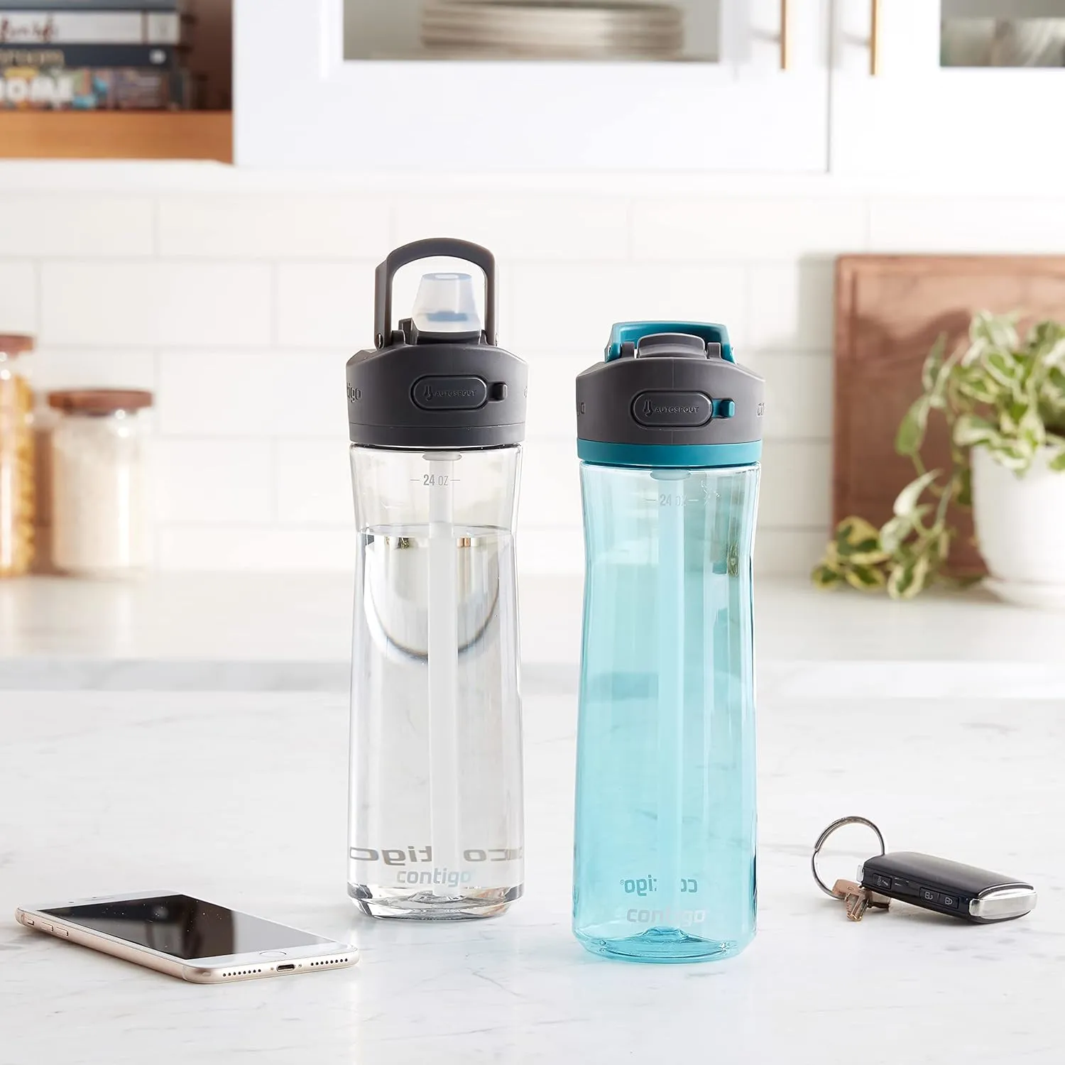 Contigo Ashland 2.0 Leak-Proof Water Bottle with Lid Lock and Angled Straw Dishwasher Safe Interchangeable Lid Pack of 2 24oz Juniper/Sake