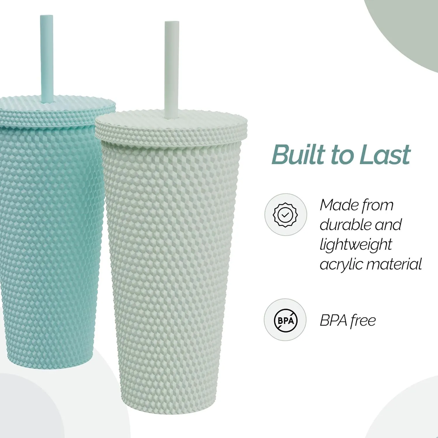 Copco 22oz Studded Insulated Tumblers with Straw and Lid, Set of 2, Acrylic Reusable Cold Drink Tumblers, Spill-Resistant, BPA-Free, Travel-Friendly, Cupholder Compatible (Aqua/Mint)