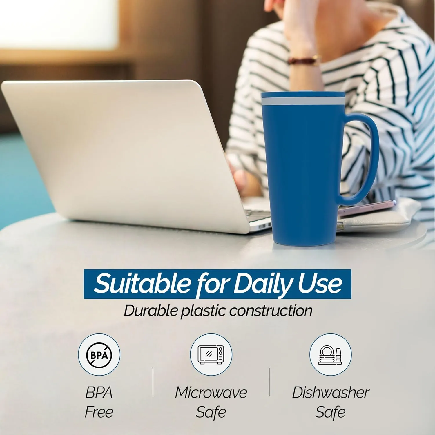 Copco Cone Travel Coffee Mug, 16 oz - Insulated Drinkware with Spill-Proof Lid and Handle, Microwave & Dishwasher Safe - BPA-Free, Compact for Desk & Cup Holder Friendly (Blue)