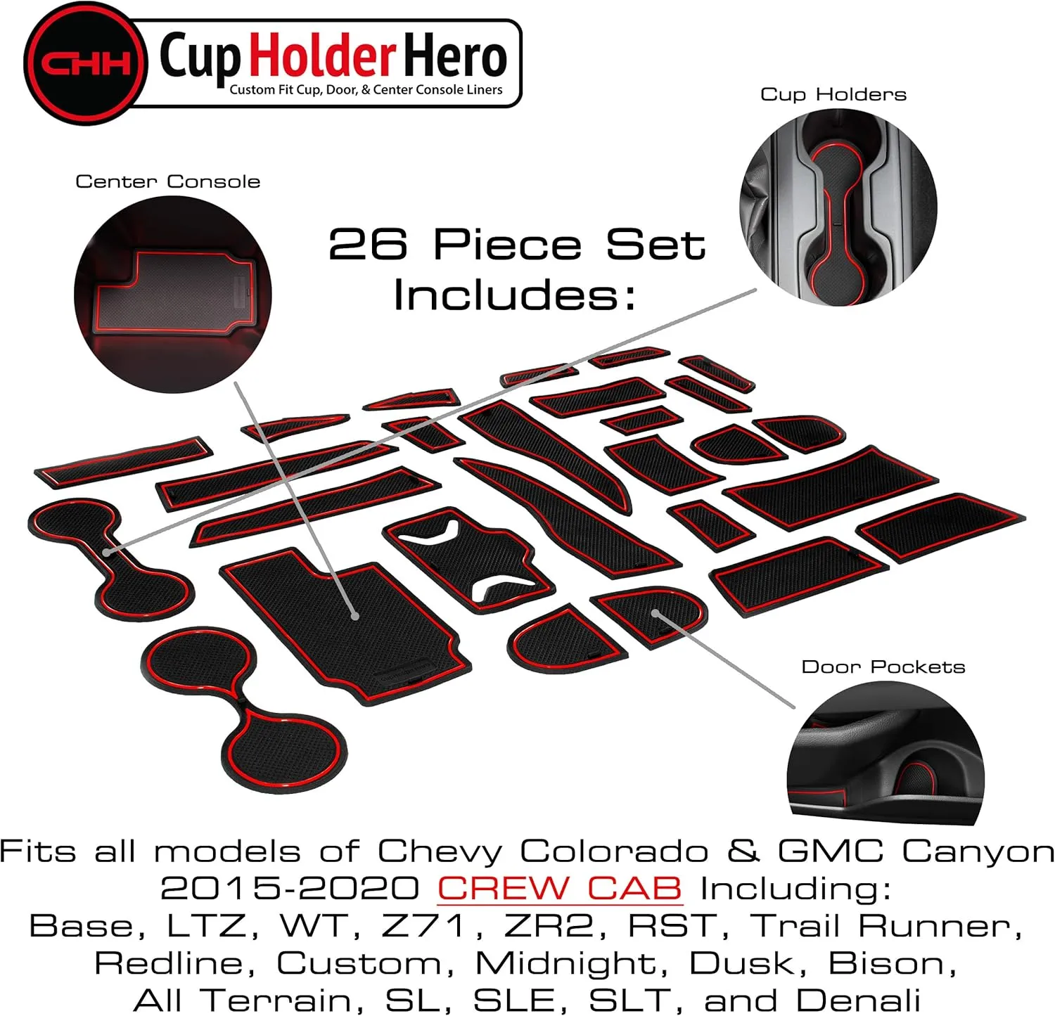 CupHolderHero Fits Chevy Colorado and GMC Canyon Accessories 2015-2022 Premium Custom Interior Non-Slip Anti Dust Cup Holder Insert,Center Console Liner Mats,Door Pocket 26pc Set (Crew Cab) (Red Trim)