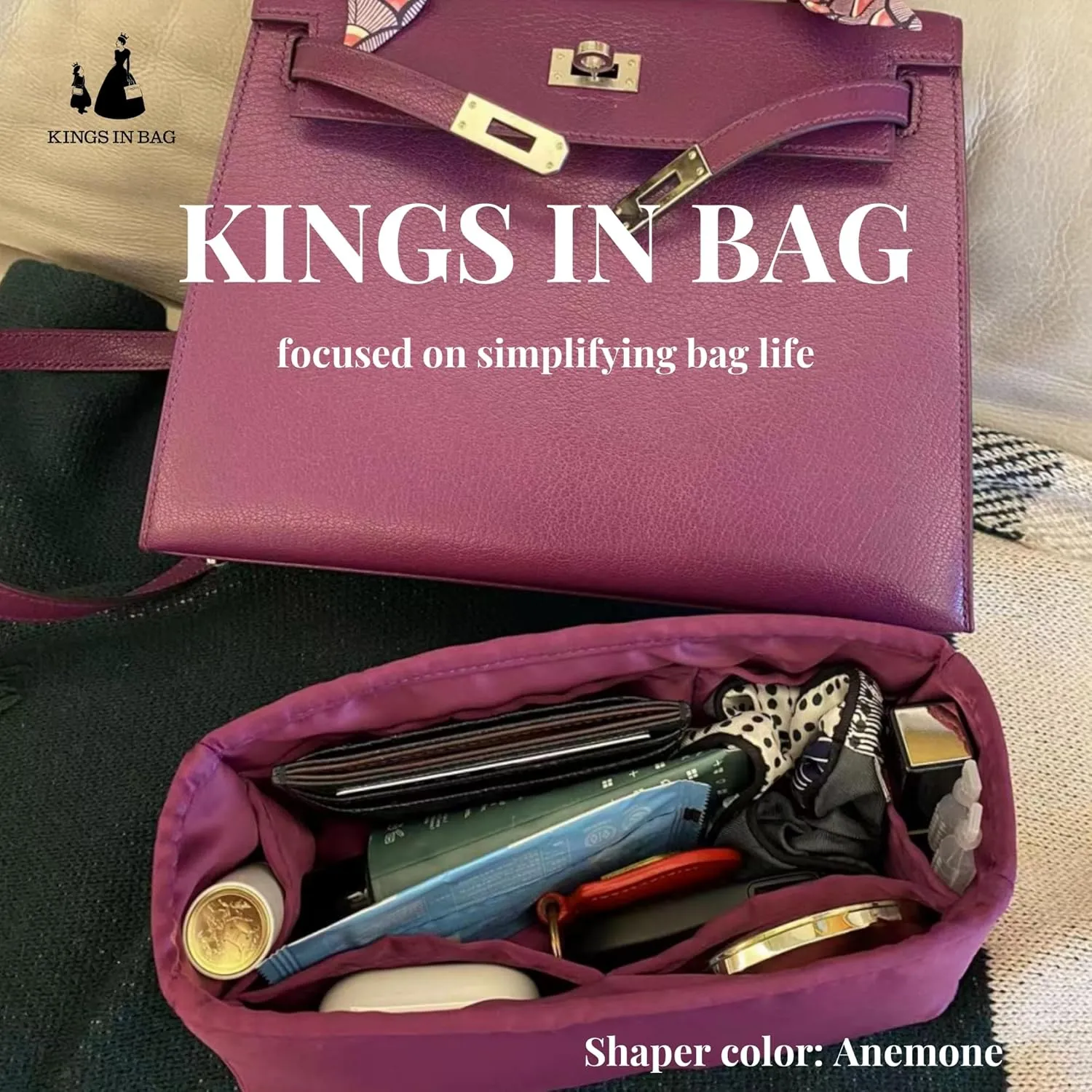 Custom Kelly Bag Insert, Silky Organizer Insert Compatible with Kelly Bags, Lightweight Shaper with Pockets, 114 Color Options (Custom Color)