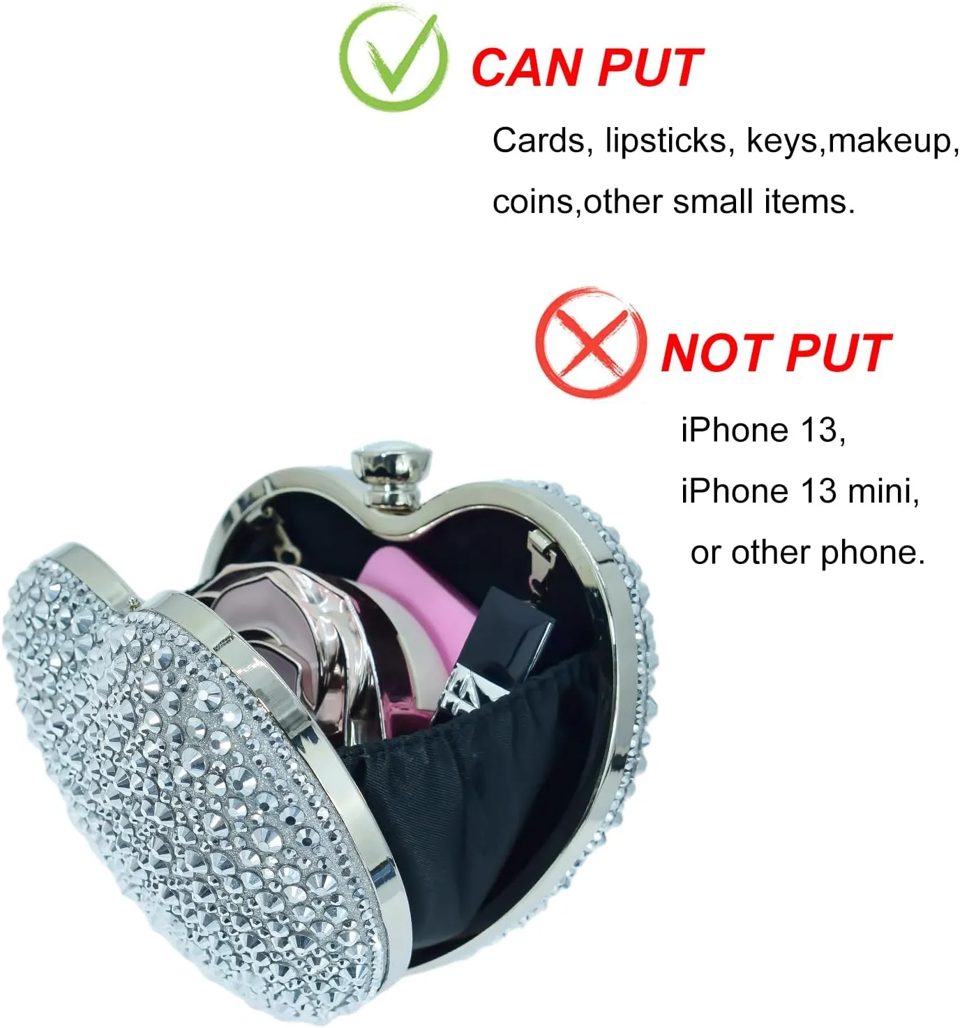 Cute Heart Shape Clutch Purse Mini Love Heart Rhinestone Wedding Handbag Party Women Purse