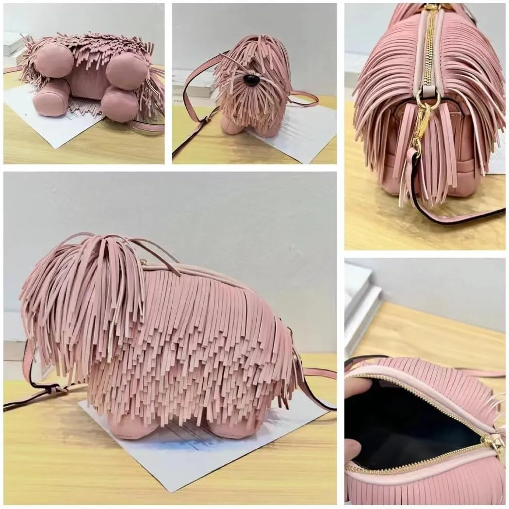 Cute shoulder bag, creative funny Chow Chow dog shoulder bag, sheepdog tassel personality puppy shape crossbody bag