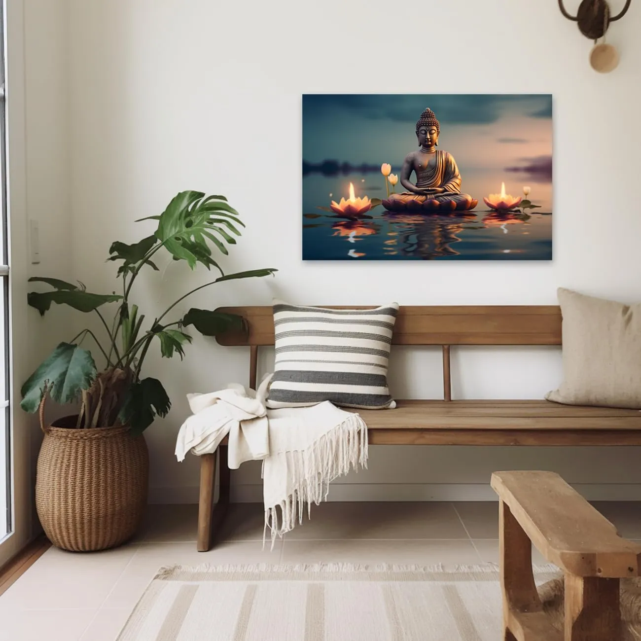 CXHOSTENT Buddha Canvas Wall Art - Buddha Statue Painting with Lotus Flowers, Zen Spa Artwork for Buddhism Prayer Wall Decor (12.00"x18.00")