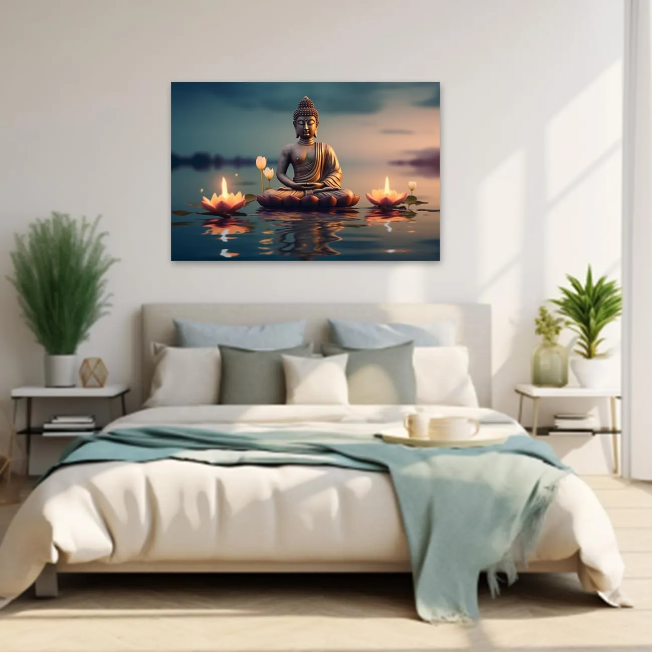 CXHOSTENT Buddha Canvas Wall Art - Buddha Statue Painting with Lotus Flowers, Zen Spa Artwork for Buddhism Prayer Wall Decor (12.00"x18.00")