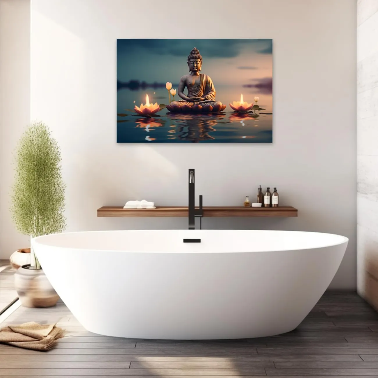 CXHOSTENT Buddha Canvas Wall Art - Buddha Statue Painting with Lotus Flowers, Zen Spa Artwork for Buddhism Prayer Wall Decor (12.00"x18.00")