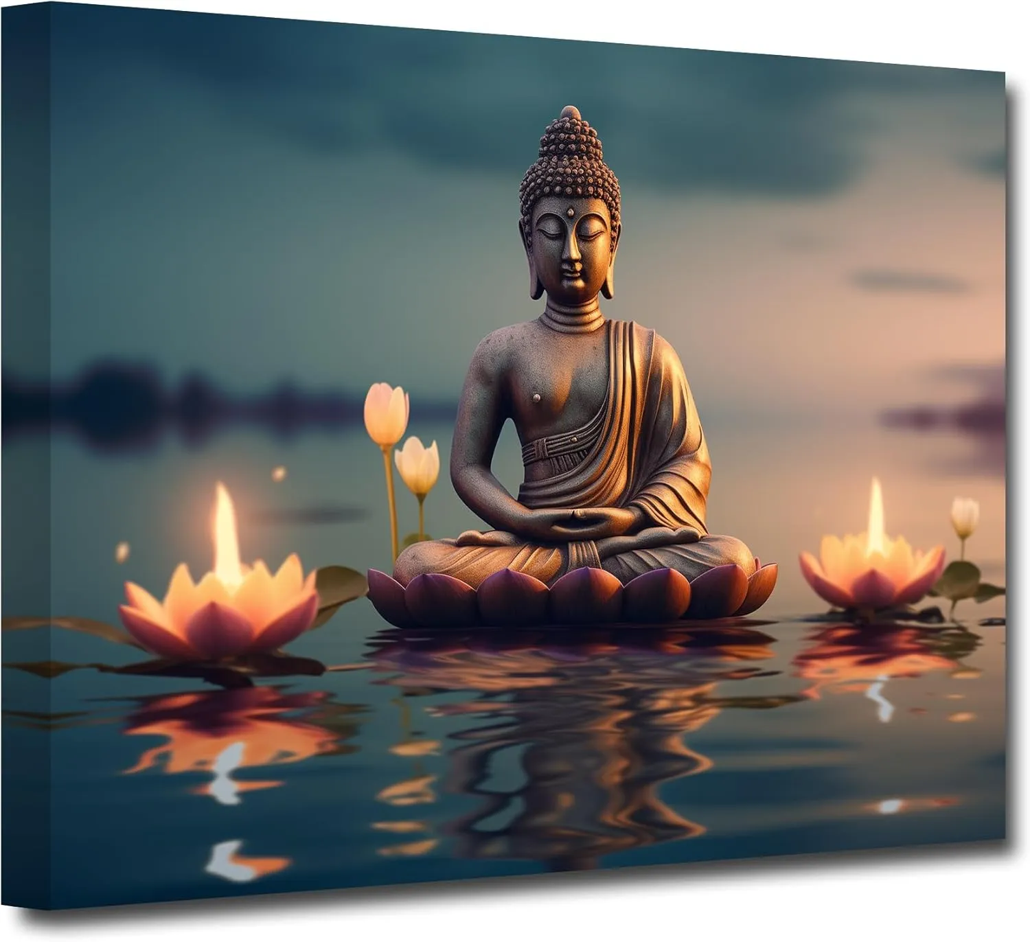 CXHOSTENT Buddha Canvas Wall Art - Buddha Statue Painting with Lotus Flowers, Zen Spa Artwork for Buddhism Prayer Wall Decor (12.00"x18.00")