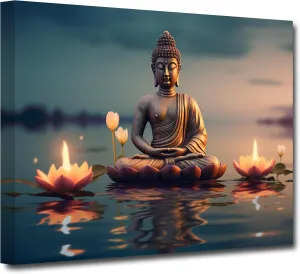 CXHOSTENT Buddha Canvas Wall Art - Buddha Statue Painting with Lotus Flowers, Zen Spa Artwork for Buddhism Prayer Wall Decor (12.00"x18.00")
