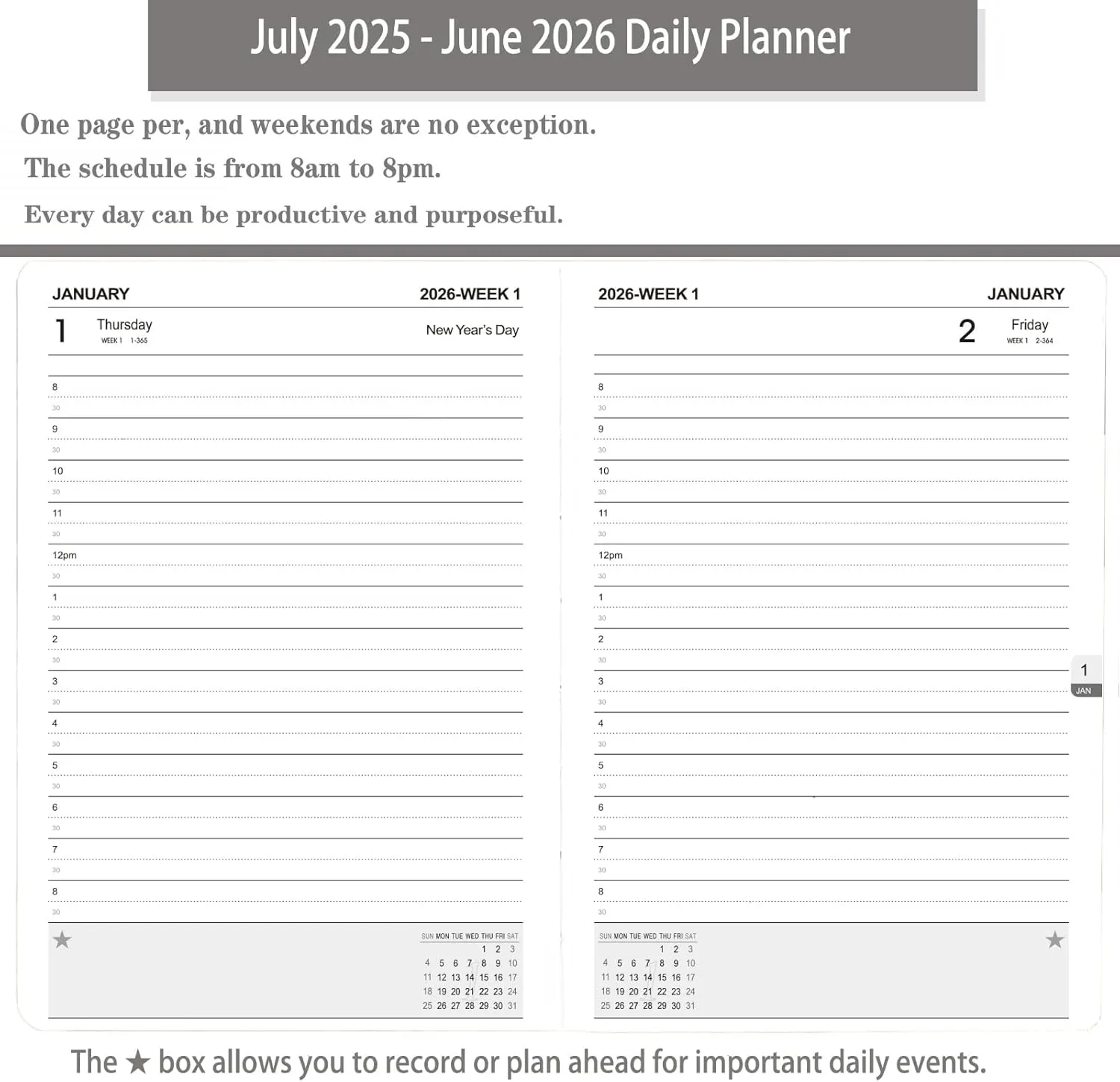 Daily Planner 2025-2026, One Page Per Day, Academic Calendar (July 2025 - June 2026), Appointment Book with Time Slots and Monthly Tabs, 5.7" x 8.25", Pocket, Leather Cove (Black)
