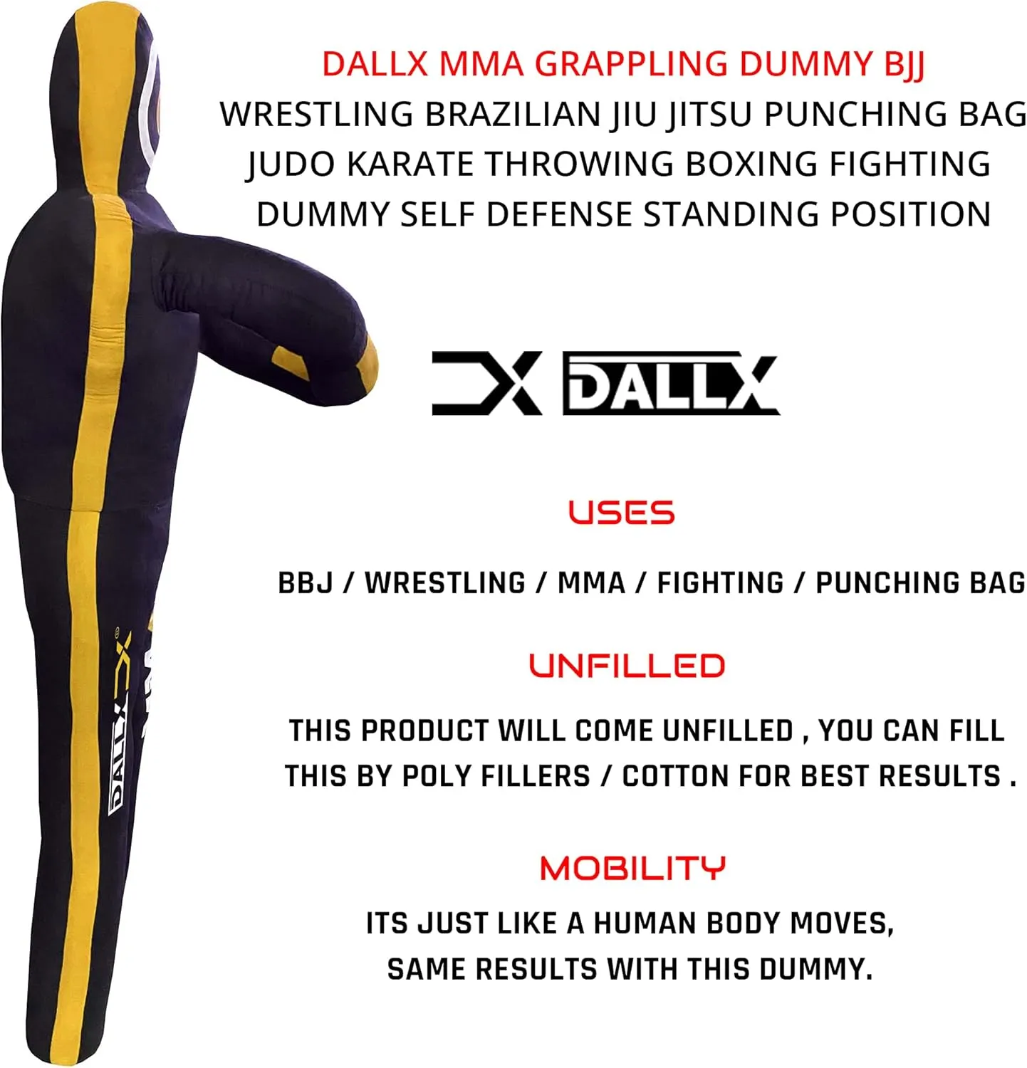 DALLX MMA Grappling Dummy BBJ Wrestling Brazilian Jiu Jitsu Punching Bag Judo Karate Throwing Boxing Fighting Dummy Self Defense Standing Position – UNFILLED