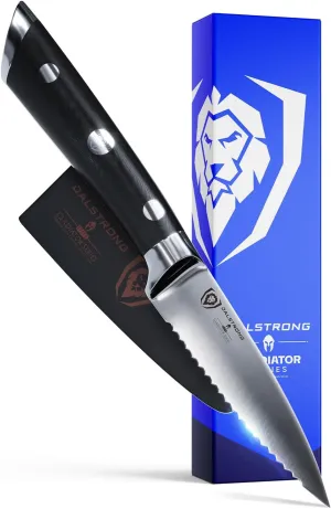 Dalstrong Serrated Paring Knife - 3.75 inch - Gladiator Series Elite - Forged German High-Carbon Steel - Black G10 Handle - Kitchen Knife - w/Sheath - NSF Certified
