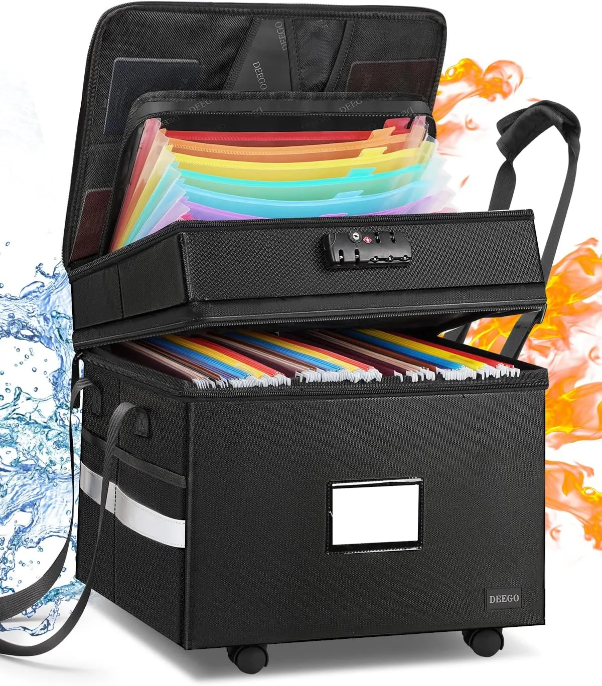 DEEGO Rolling File Box, Fireproof Document Box with Wheels Multi-Layer Water-Resistant File Organizer Portable file Cabinet Document Safe filing box for Home Office for Hanging Letter/Legal Folder