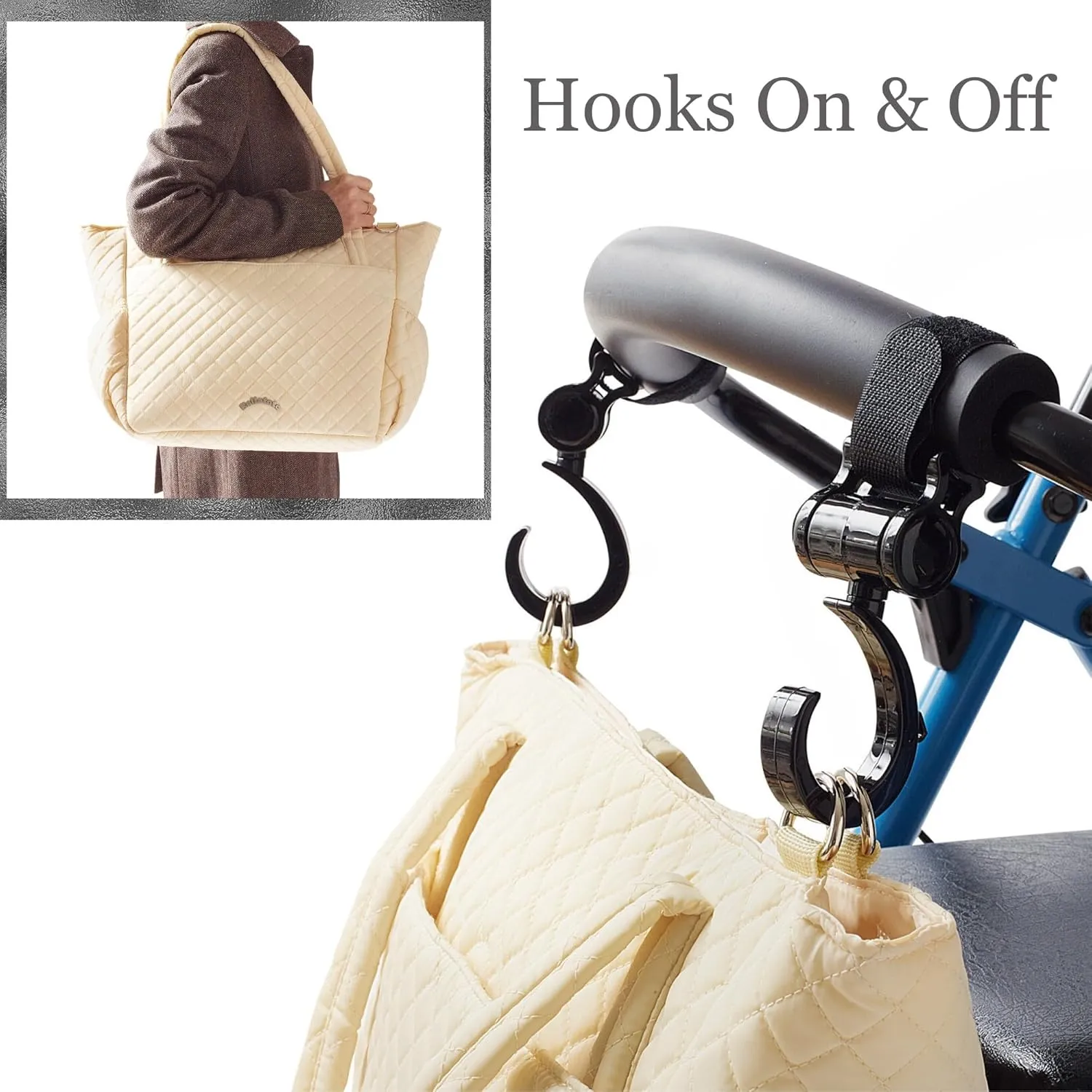 Delight Handmade Quilted Tote Bag with Large Insulated Compartment for Walkers, Rollators, Wheelchairs, Easily Hooks On & Off, with Bottle Holders, Glasses Pocket, Secure Pockets (Butter)