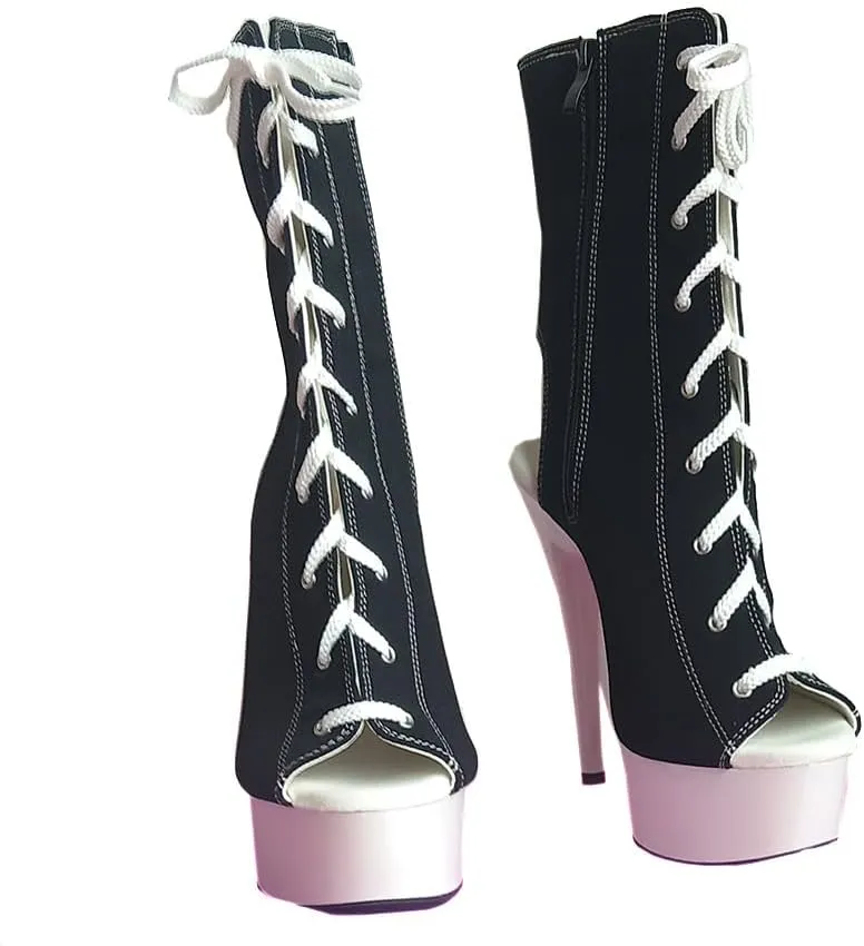 denova's Women's Canvas 6in Very High Heel Lace Up Platform Pole Dance Ankle Boot with Zipper