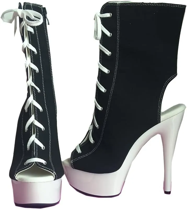 denova's Women's Canvas 6in Very High Heel Lace Up Platform Pole Dance Ankle Boot with Zipper