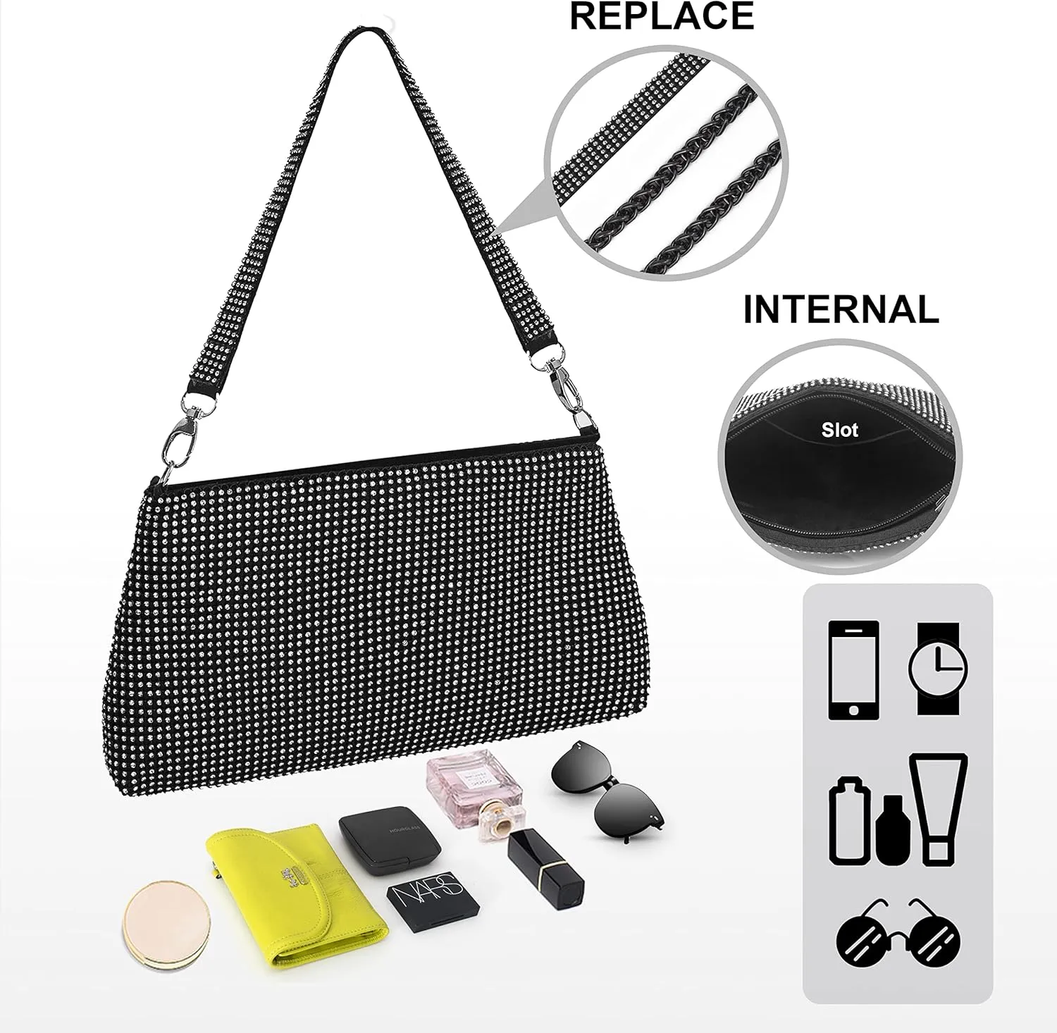 Desy & Feeci Women's Evening Bag, Full Rhinestone Clutch Purses for Women Lady Girl Bride Prom Cocktail Party Wedding