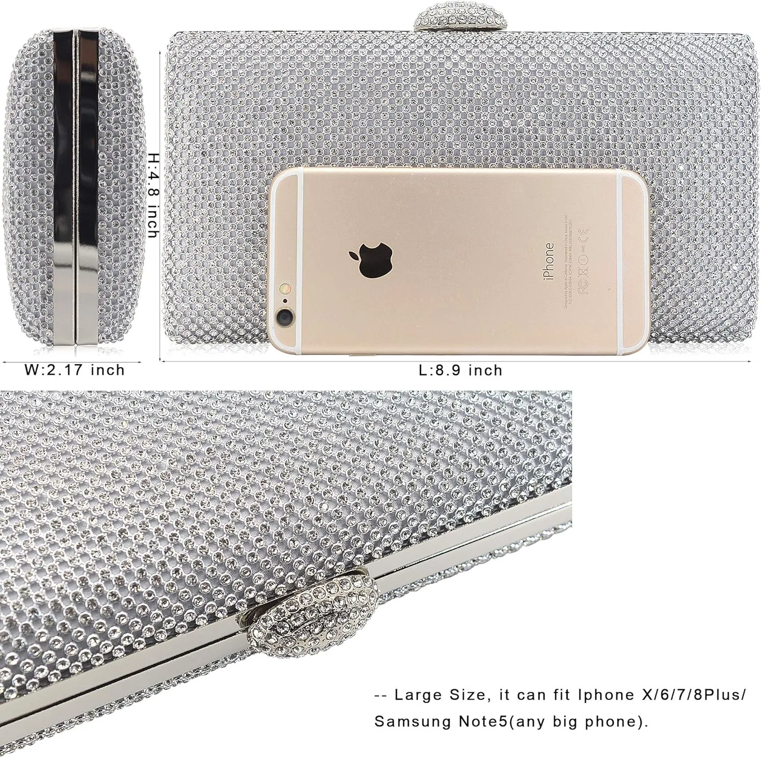 Dexmay Large Rhinestone Purse with Crystal Clasp Evening Clutch Bag Formal Party Handbag