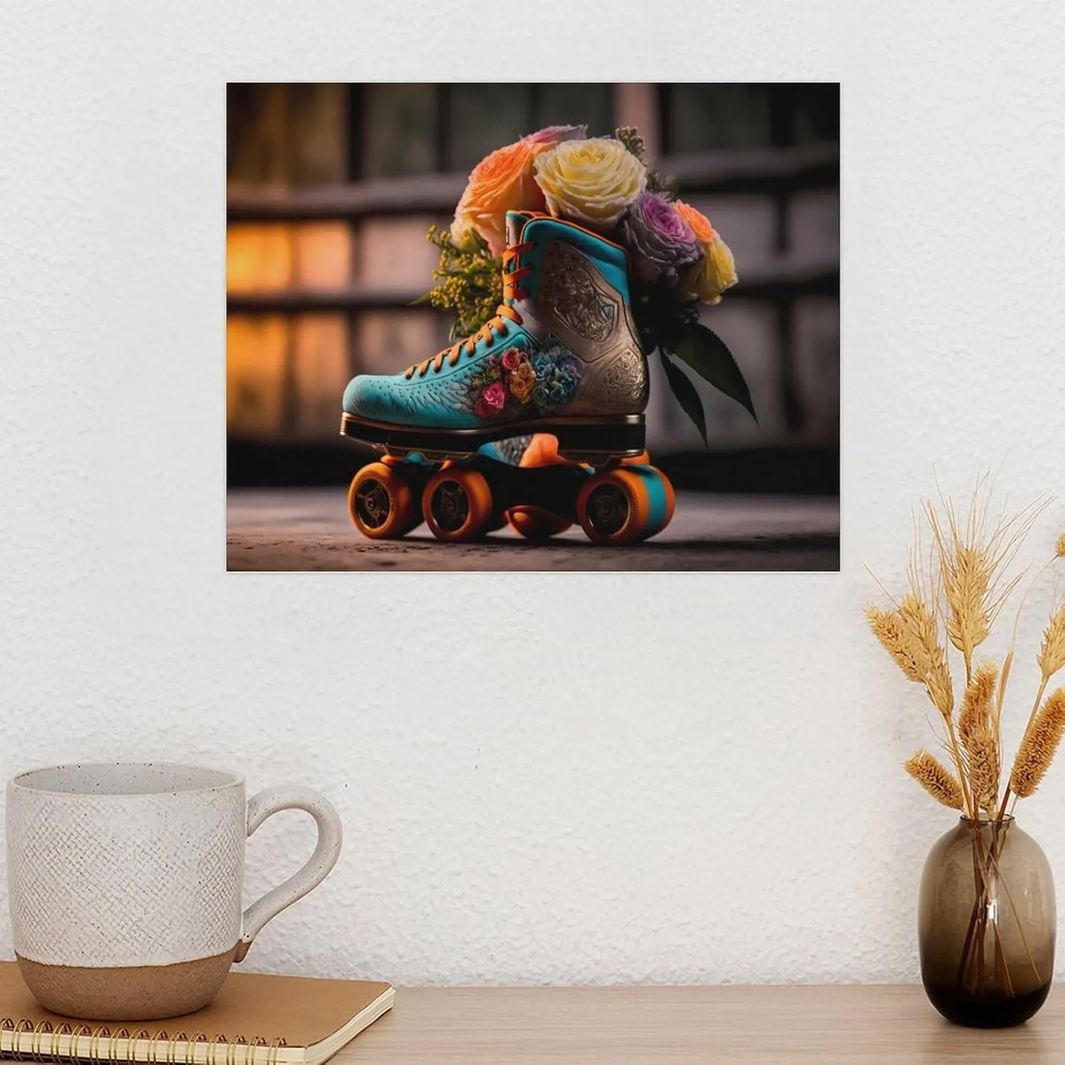 DIRALLE Canvas Wall Art - Classic Floral Blue Skate Shoes Pictures Prints Wall Art for Living Room, Canvas Art Poster Artwork Walls for Bathroom Bedroom Office Decor Frameless 20×16in