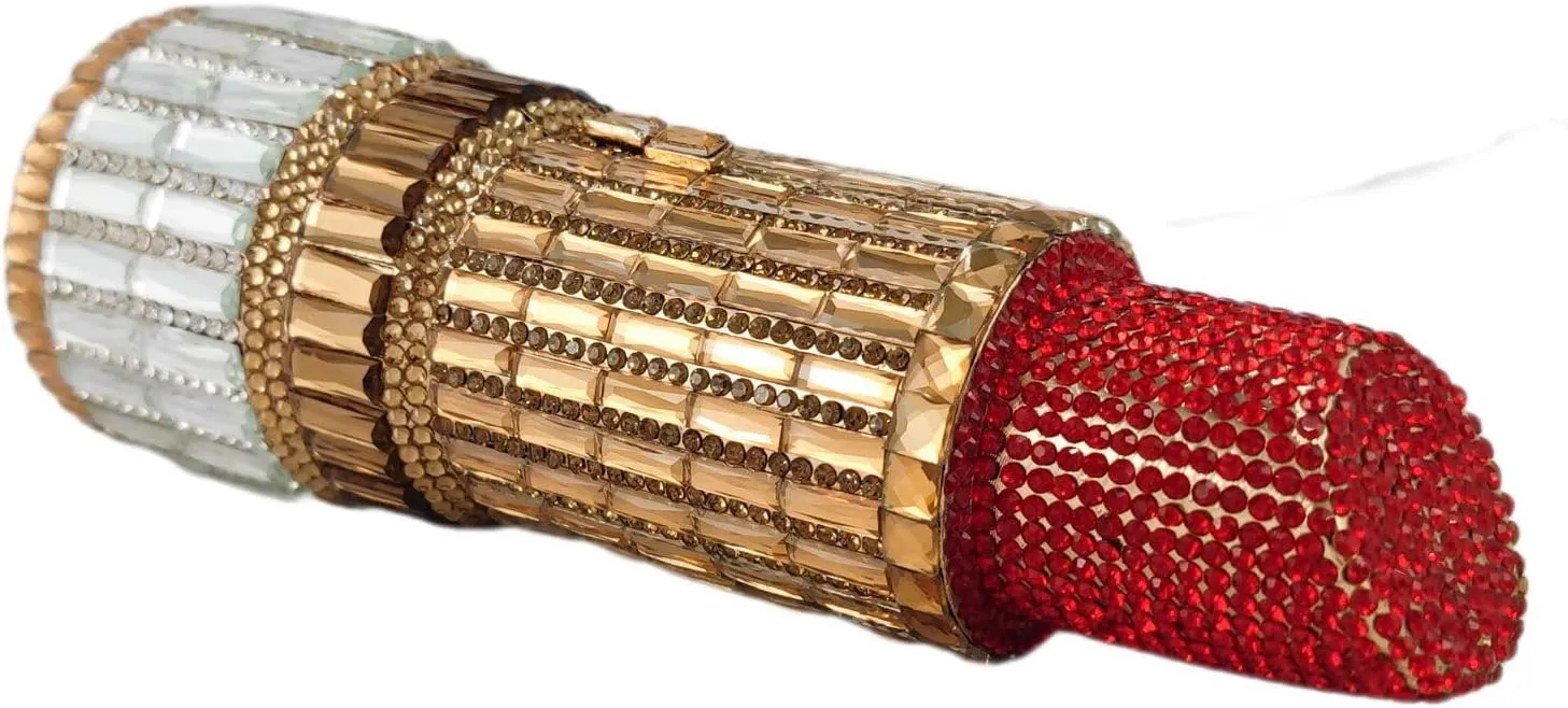 DJBM Women Lipstick Rhinestone Handbag Sparkling Deluxe Crystal Evening Clutch for Cocktail Prom