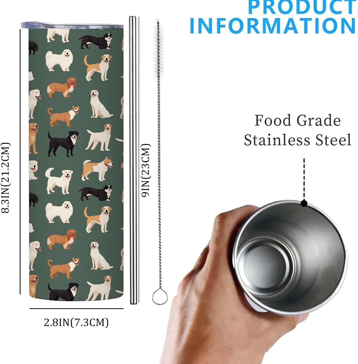 Dog Stainless Tumbler with lid,20oz Travel Mug, Reusable Metal Straw & Brush, Double-Wall Vacuum Bottle Cup for Coffee Wine Tea Hot and Cold Drinks,Gifts