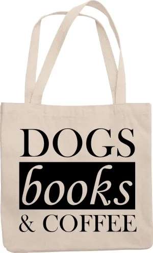 Dogs, Books And Coffee. Trendy Reusable Tote Bag For Dog Lover, Reader, Bookworm, Editor, Assistant, Addicted To Caffeine And Books, Students, Men And Women