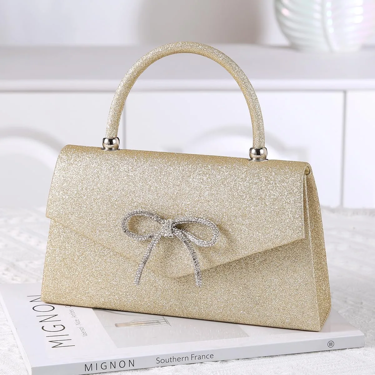 Dreubea Women's Tote Fashion Bowknot Rhinestone Evening Bag Beautiful Shiny Clutch Handbag