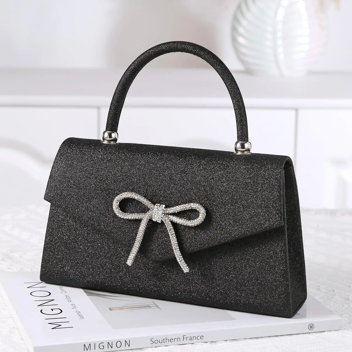 Dreubea Women's Tote Fashion Bowknot Rhinestone Evening Bag Beautiful Shiny Clutch Handbag