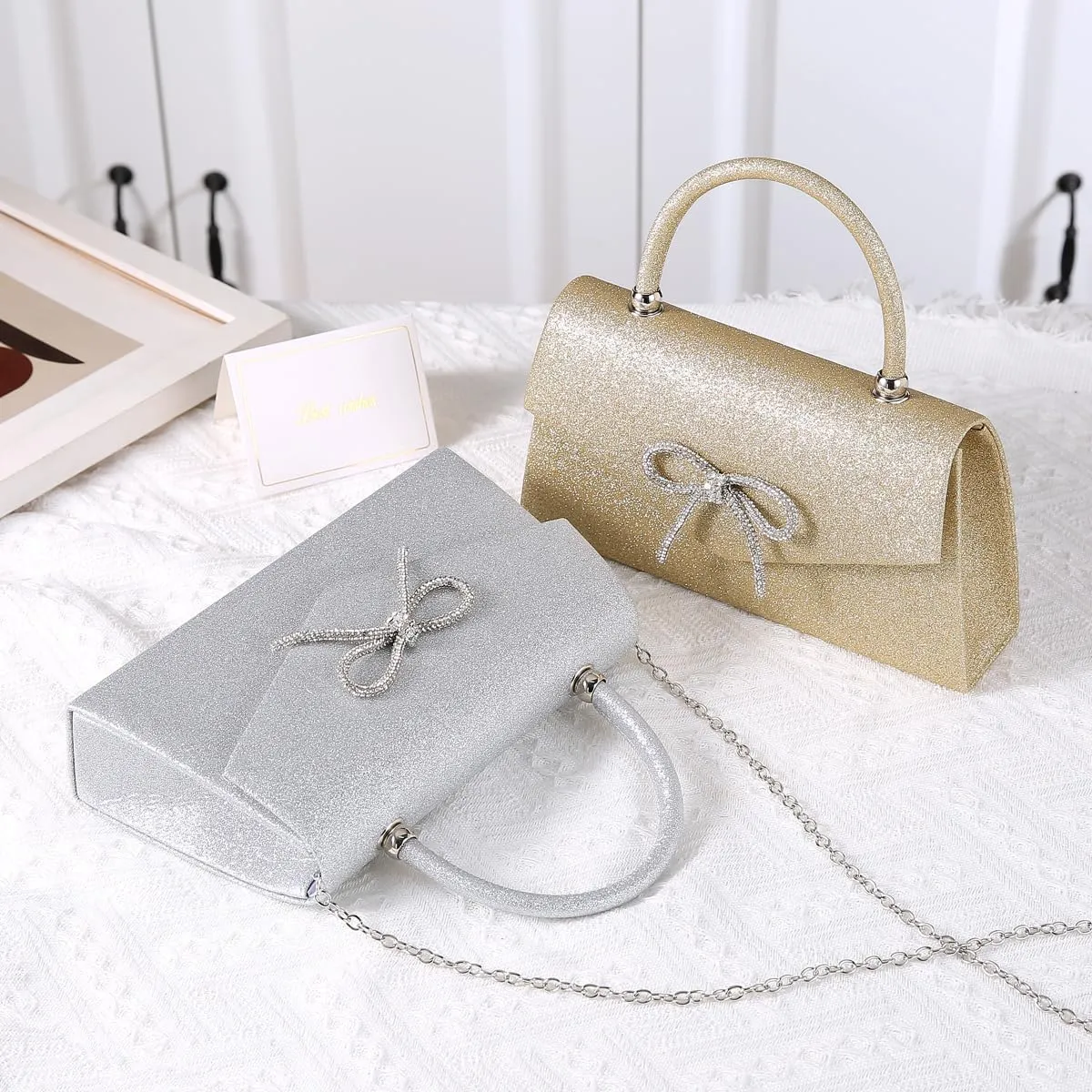 Dreubea Women's Tote Fashion Bowknot Rhinestone Evening Bag Beautiful Shiny Clutch Handbag