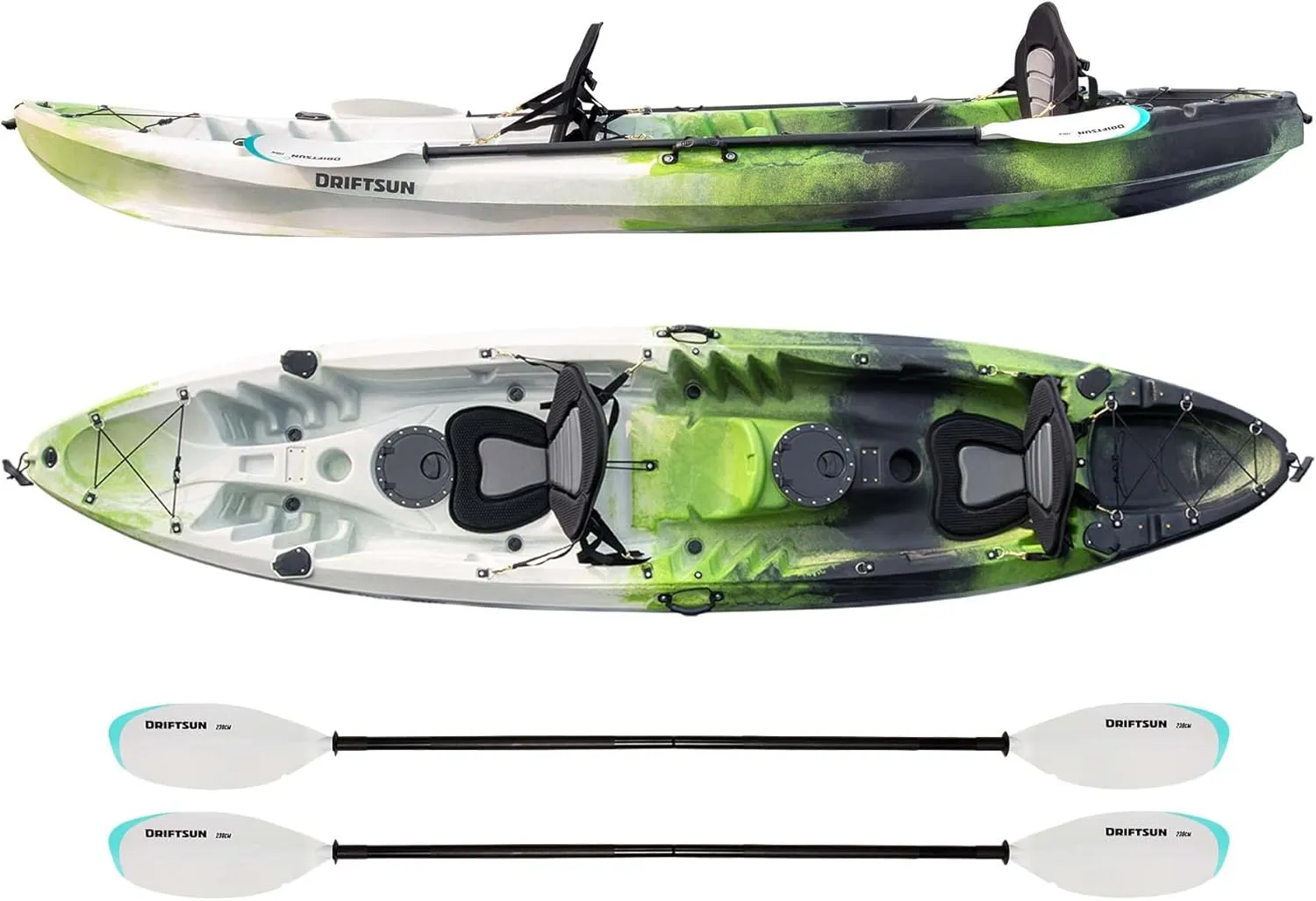 DRIFTSUN Teton 120 Hard Shell Kayak, 2 or 3 Person Sit On Top Fishing Kayak with 2 EVA Padded Seats, Includes 2 Aluminum Paddles and Fishing Rod Holder Mounts