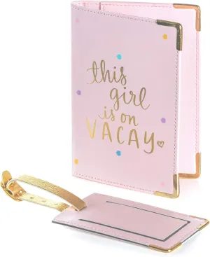 Eccolo Passport Cover Case And Luggage Tag Set, Card And Passport Holder for Women, Luggage Accessories for Travel, Gift Box, “This Girl Is On Vacay” (Pink, 5.5x4 inches)