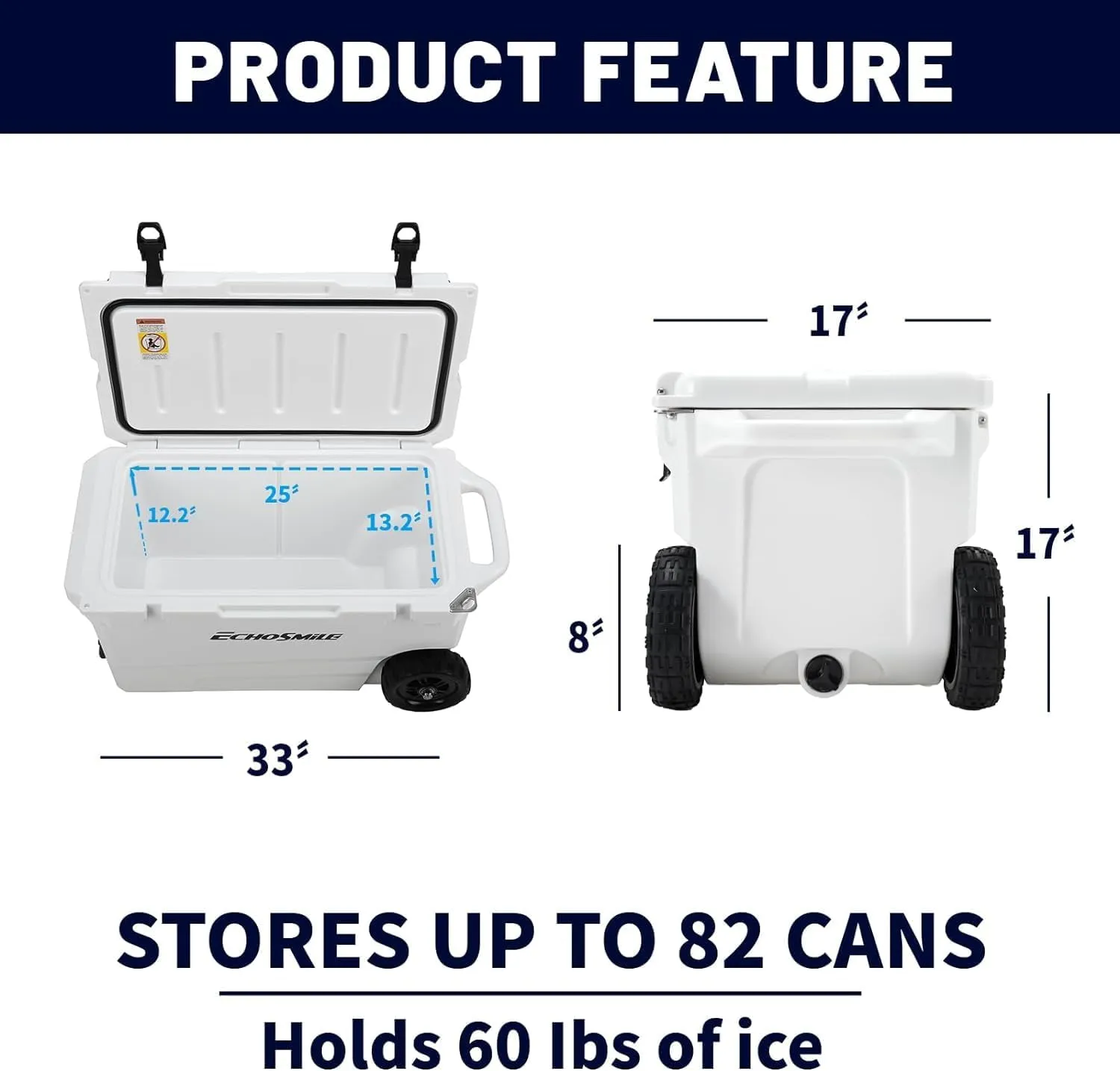 EchoSmile 25/30/35/40/60/75 Quart Rotomolded Cooler, Built to Stand up to The Rigors of The Journey