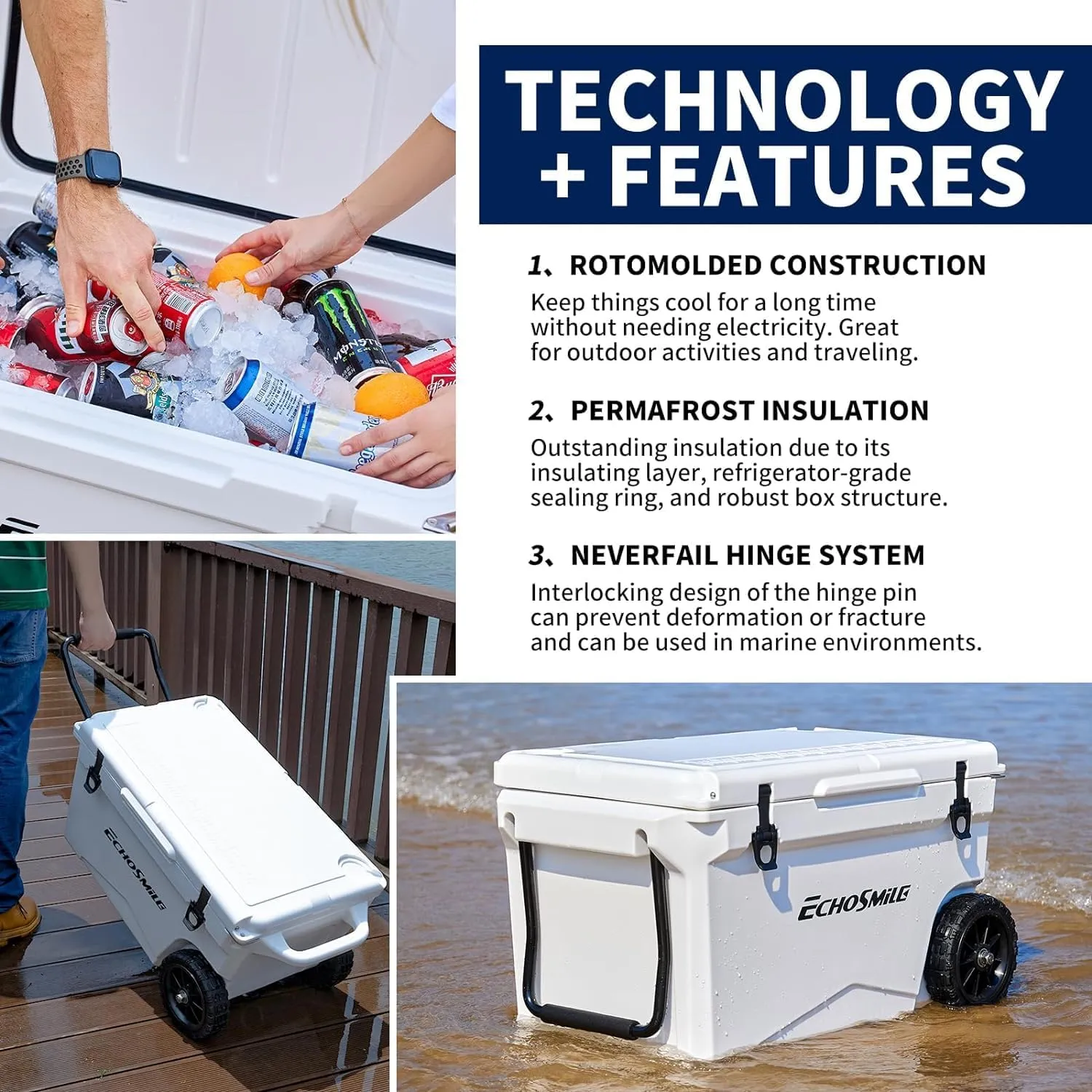 EchoSmile 25/30/35/40/60/75 Quart Rotomolded Cooler, Built to Stand up to The Rigors of The Journey