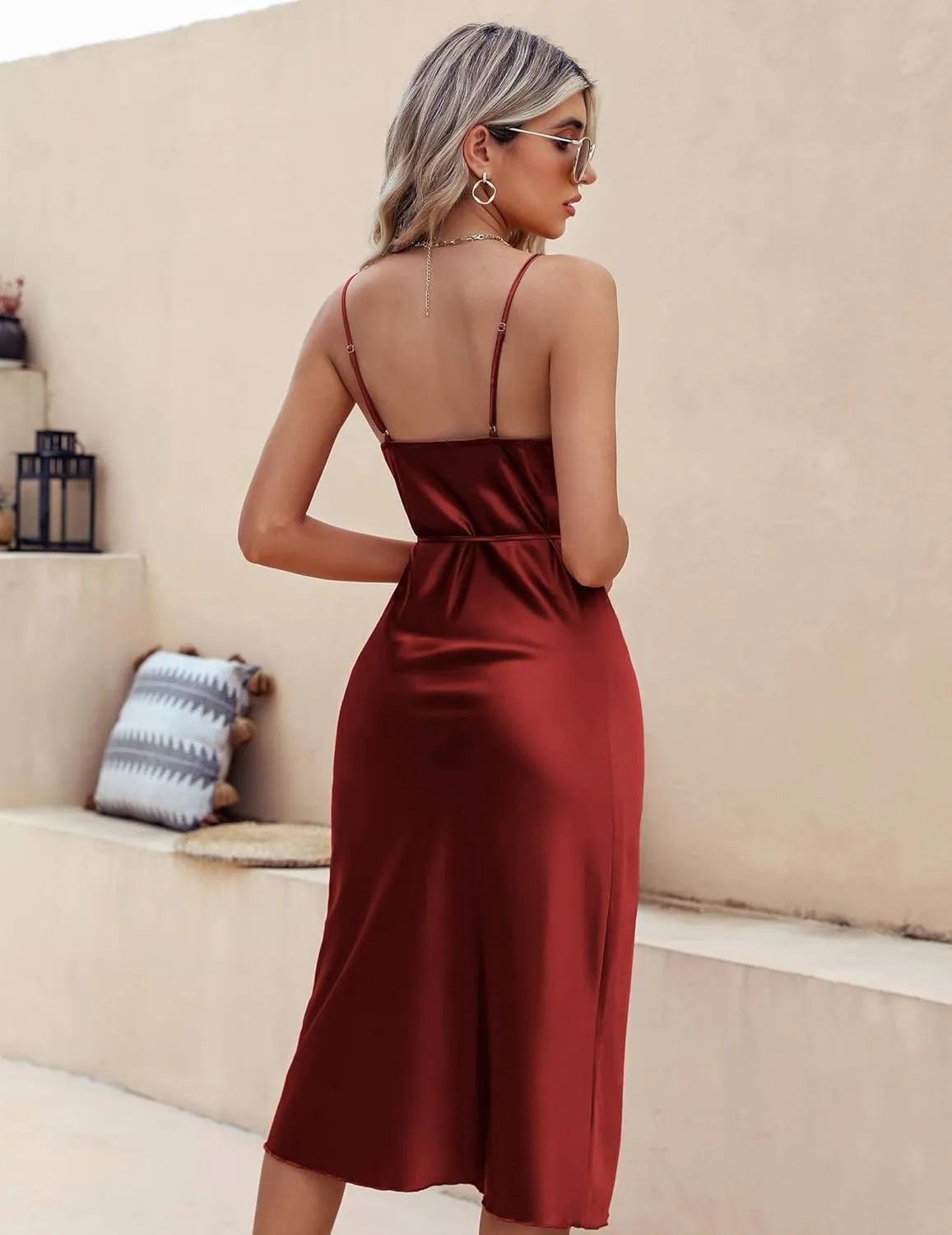 Ekouaer Womens Satin Nightgown Sexy Lingerie Sleepwear Spaghetti Strap Cowl Neck Elegant Long Slip Satin Silk Midi Dress