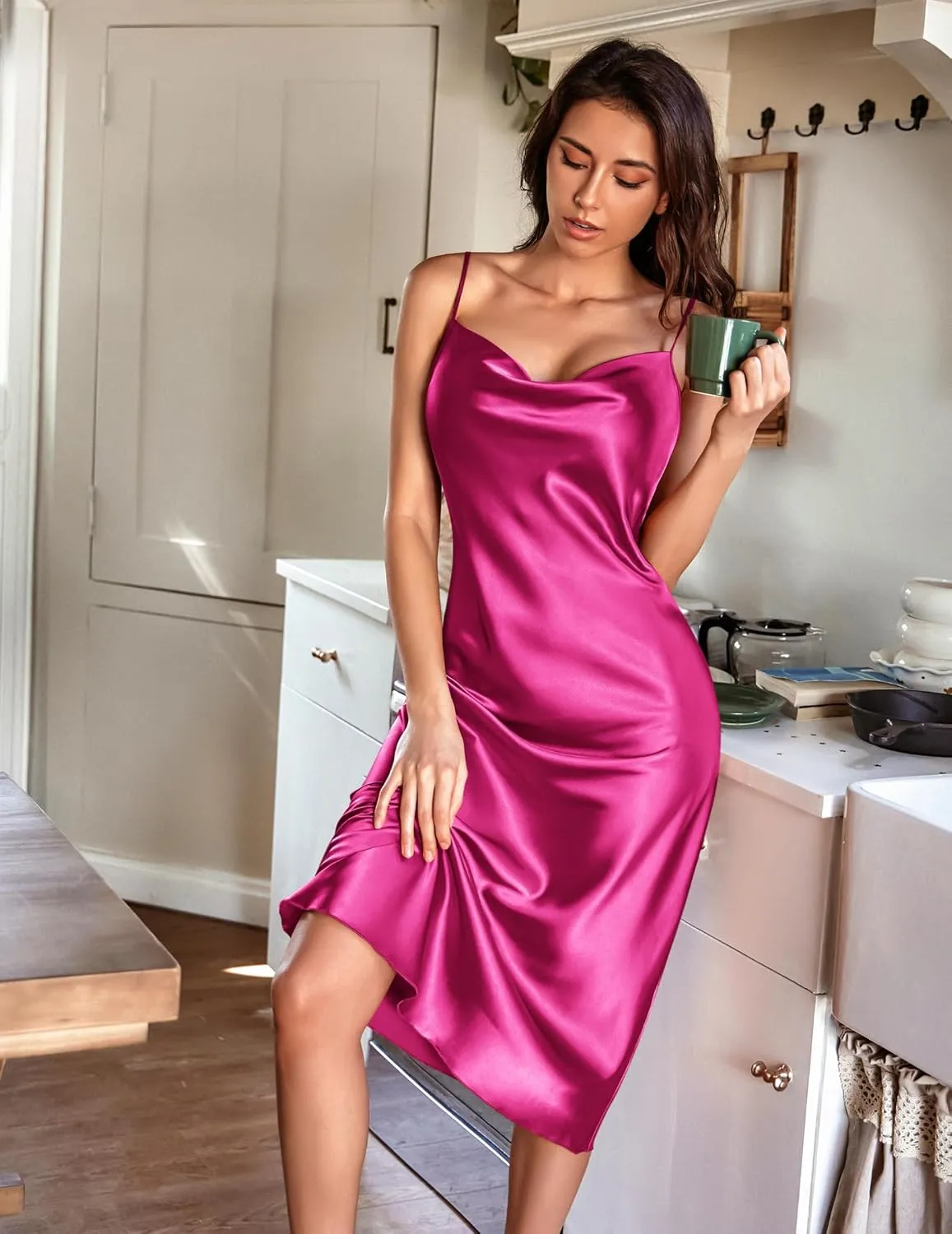 Ekouaer Womens Satin Nightgown Sexy Lingerie Sleepwear Spaghetti Strap Cowl Neck Elegant Long Slip Satin Silk Midi Dress