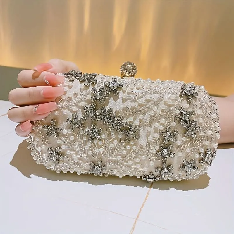 Elegant Pearl & Rhinestone Buckle Clutch Bag
