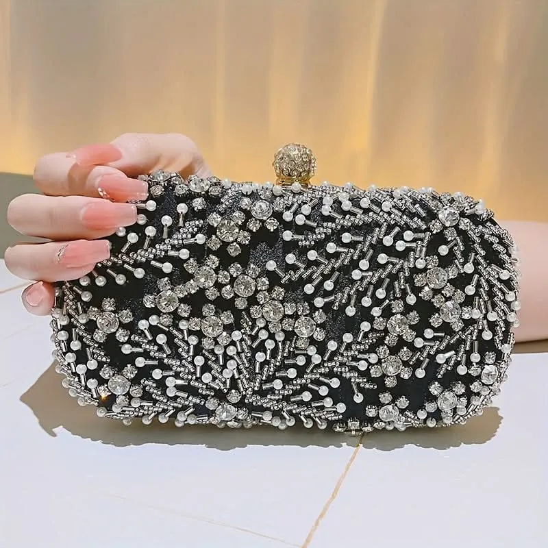 Elegant Pearl & Rhinestone Buckle Clutch Bag