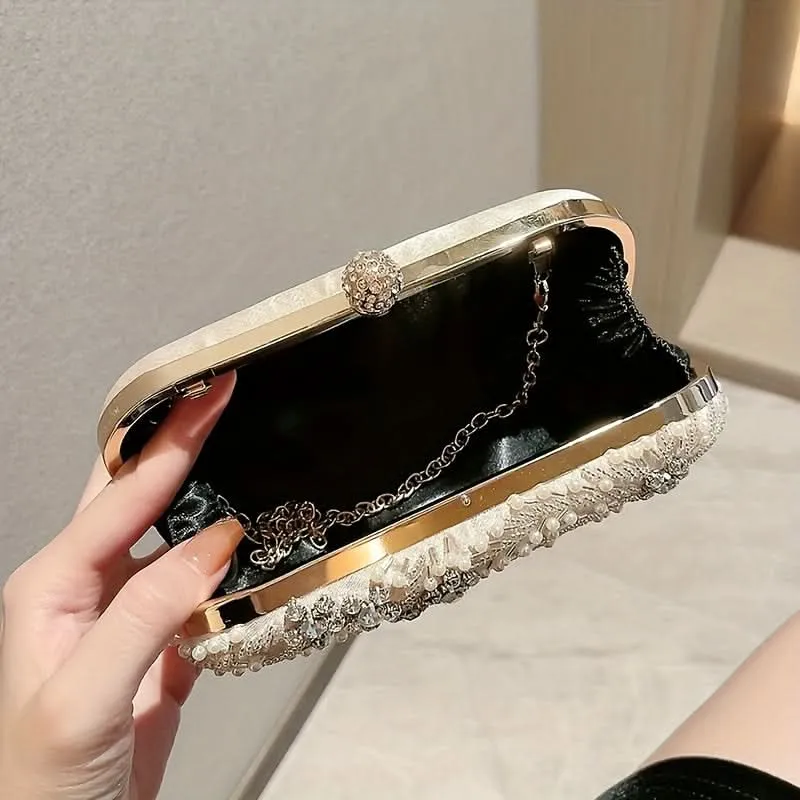 Elegant Pearl & Rhinestone Buckle Clutch Bag