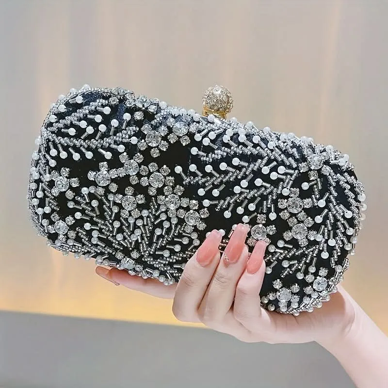 Elegant Pearl & Rhinestone Buckle Clutch Bag